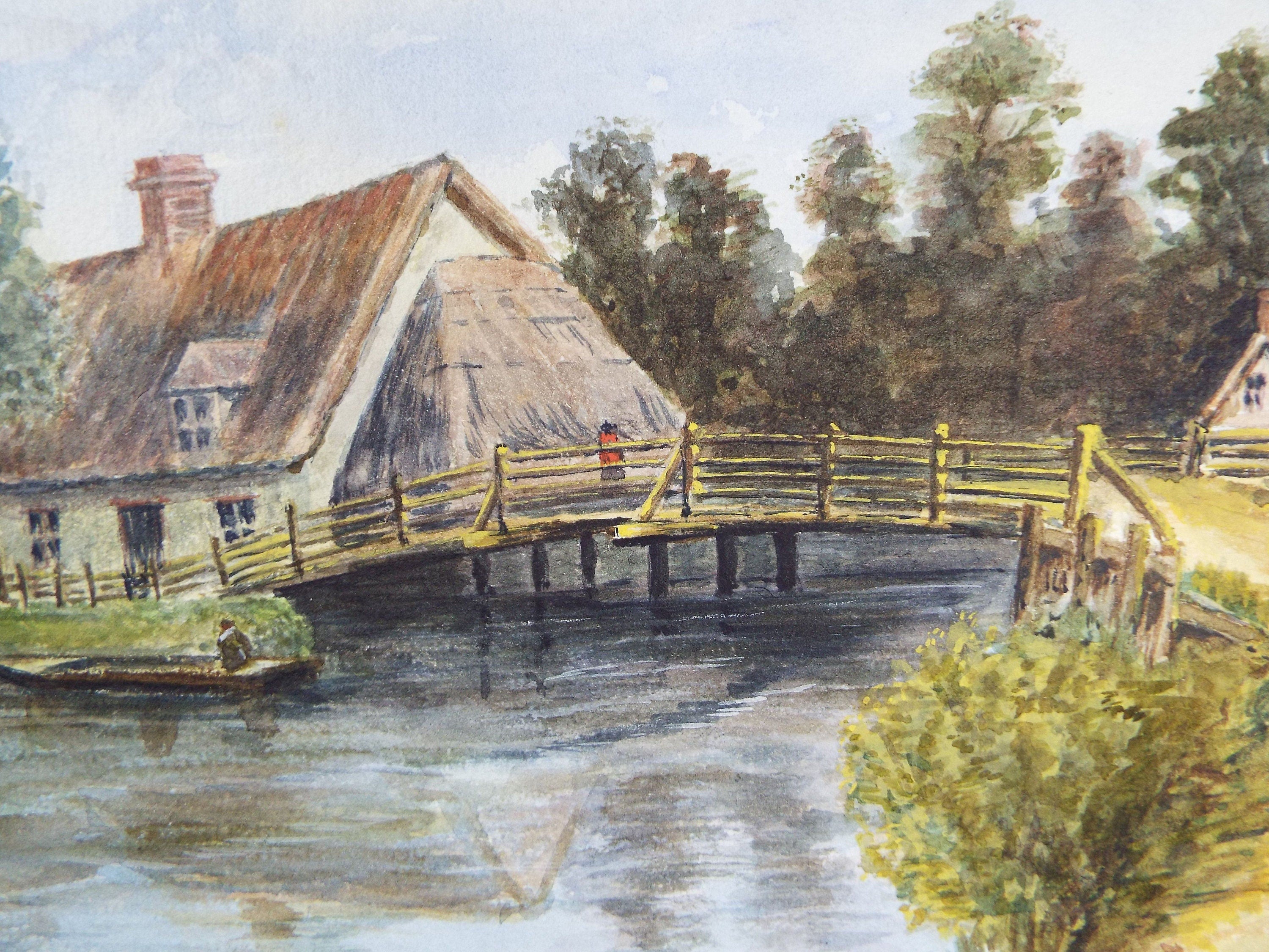 Original Watercolour, Thatched Cottage and Wooden Bridge with figure, c1910, Unknown Artist