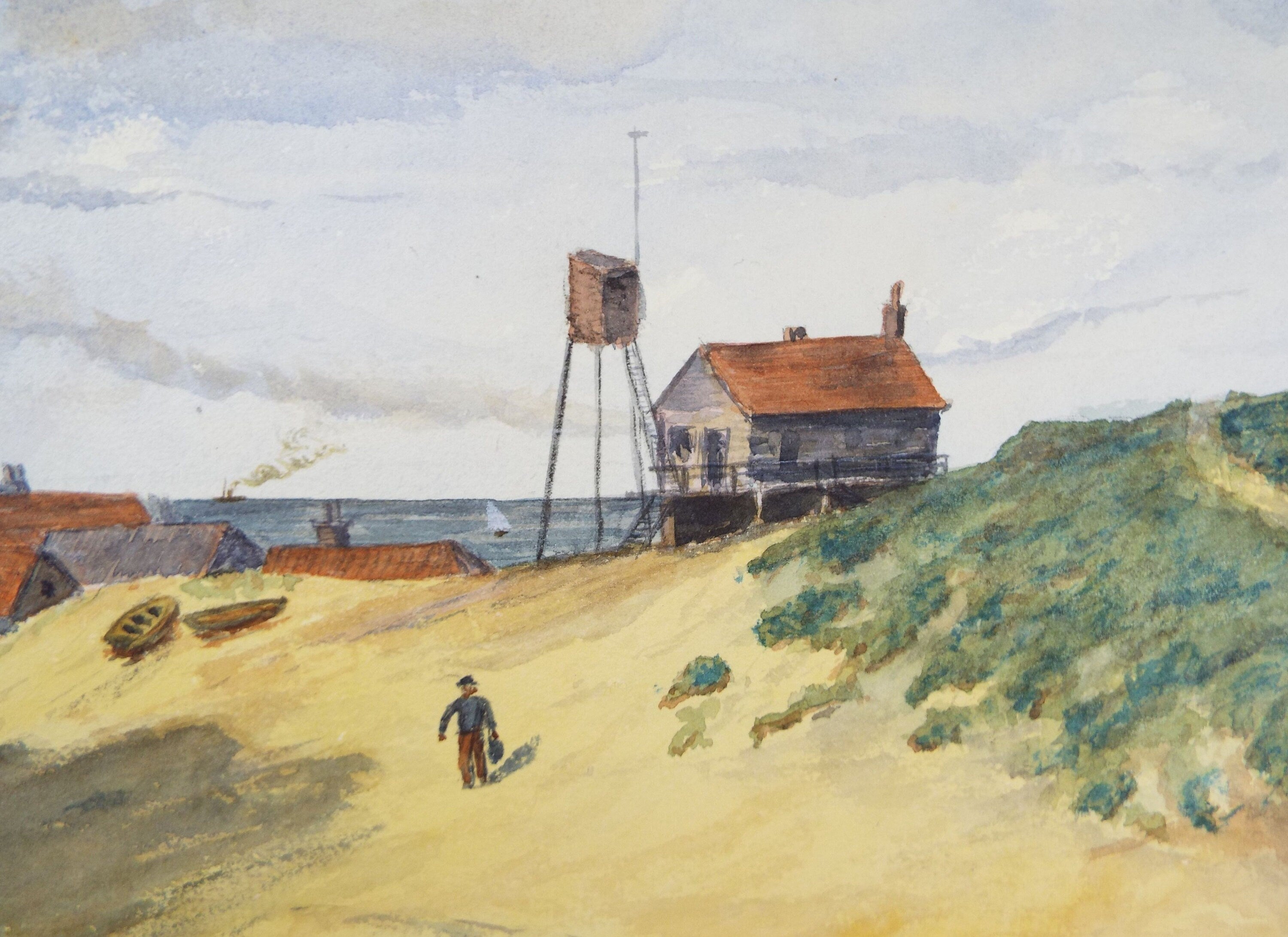 Original Watercolour, 'Sand Dunes with Huts and Figure', c1910, Unknown Artist
