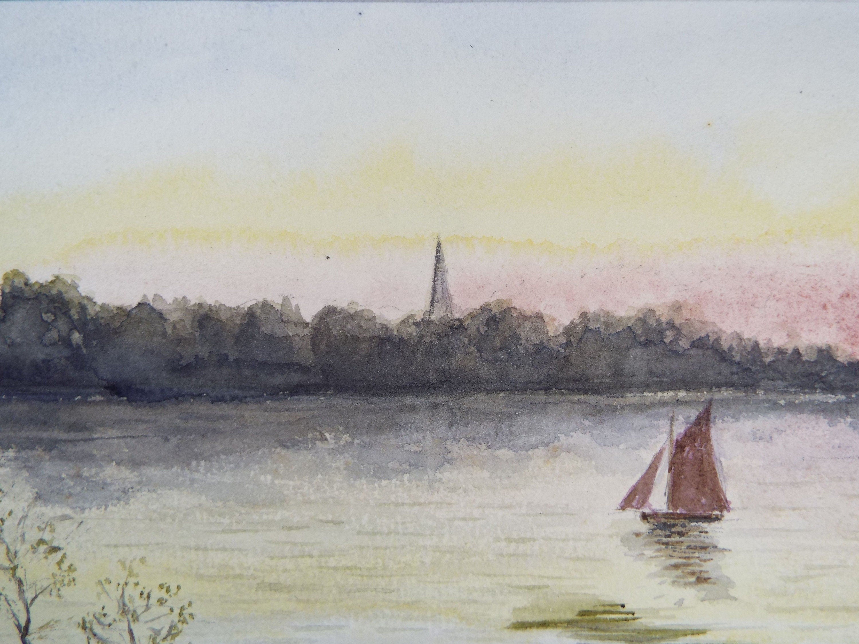 Original Watercolour, 'Sailing at Sunset', c1910, Unknown Artist