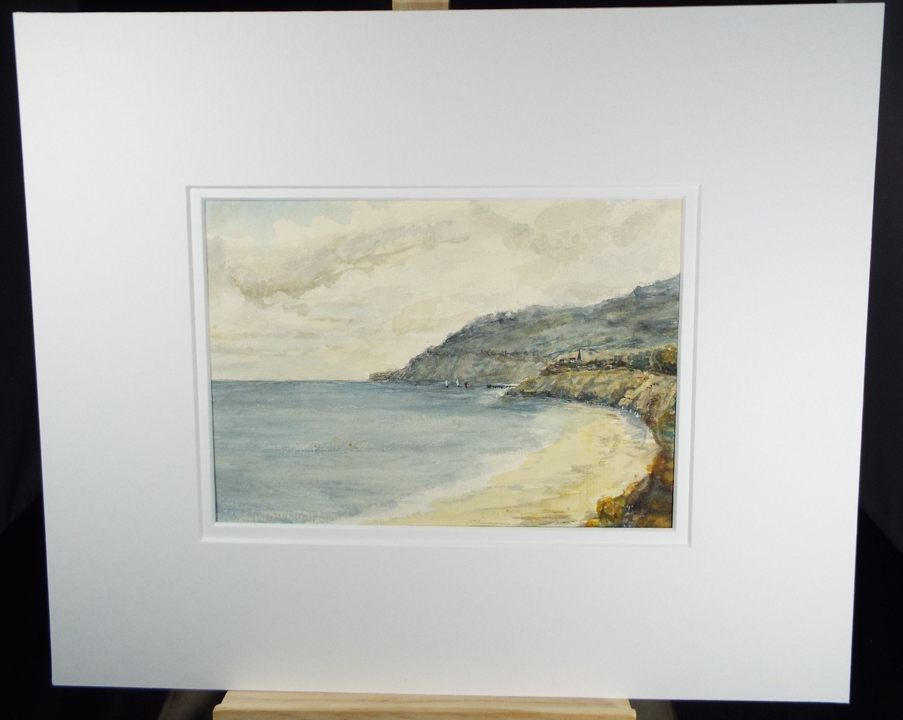 Original Watercolour, 'Bay with Beach and Distant Boats', c1910, Unknown Artist