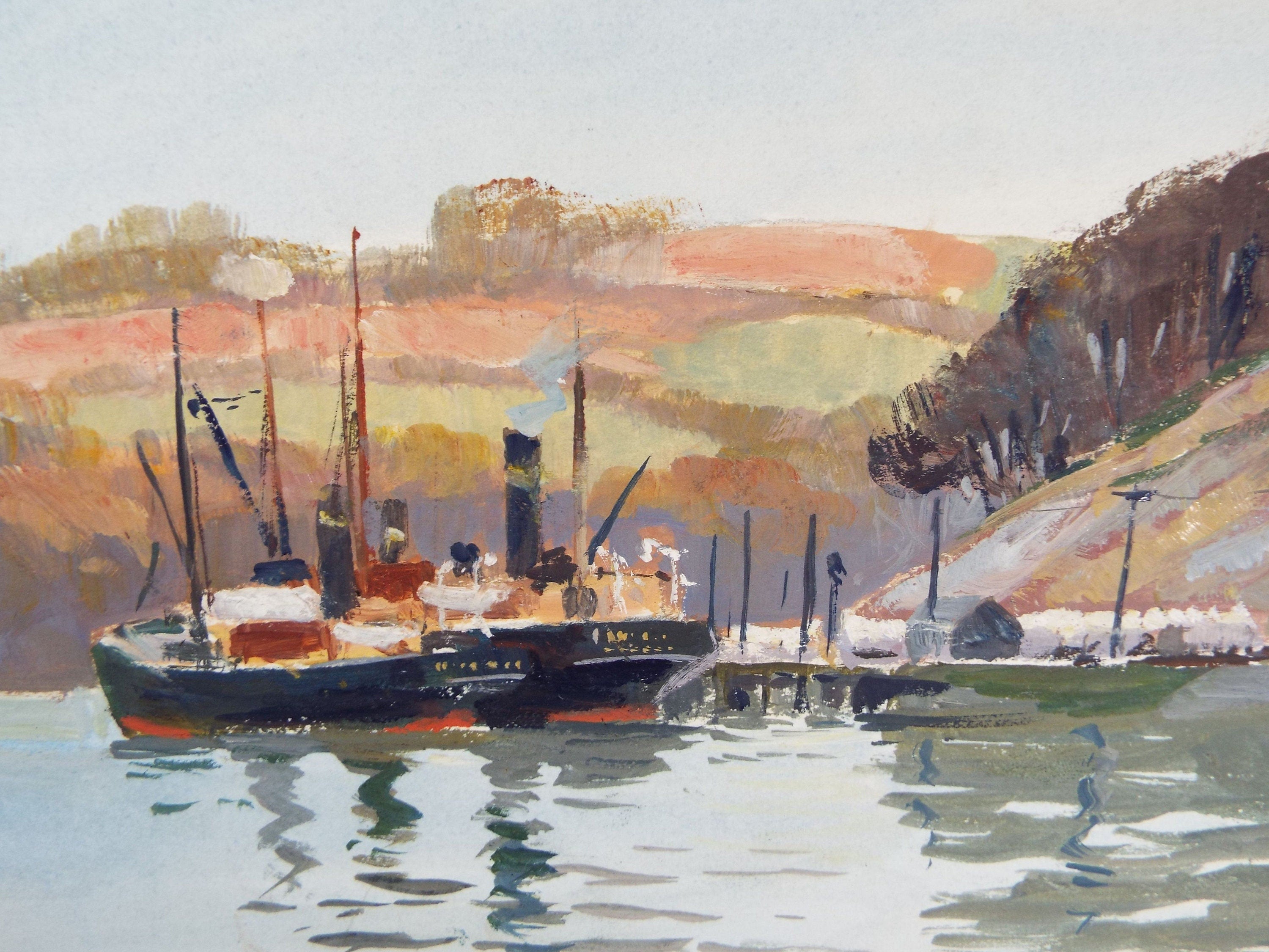 Original Watercolour, 'Landing Stage with Two Ships', c1950's, Unknown Artist