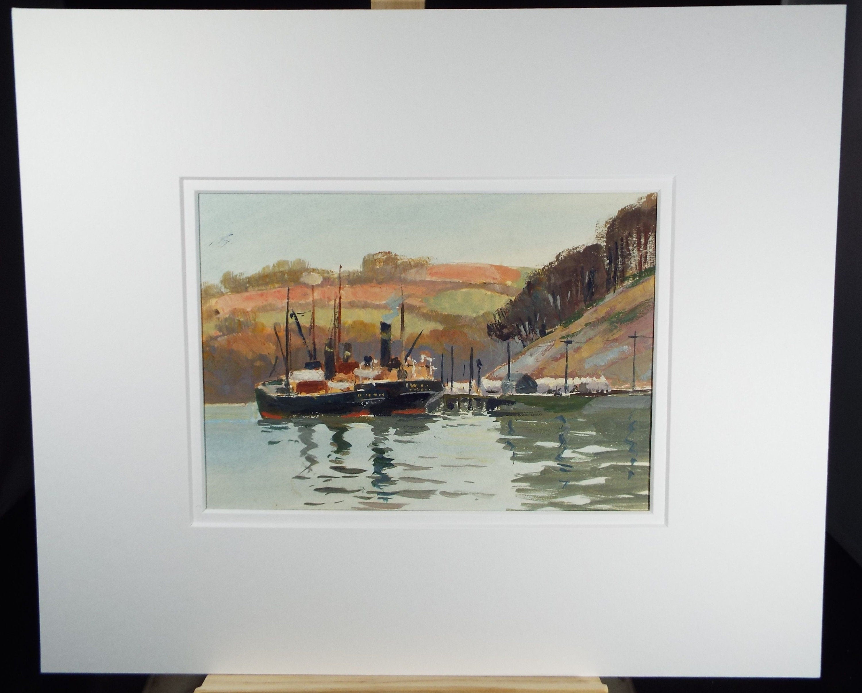 Original Watercolour, 'Landing Stage with Two Ships', c1950's, Unknown Artist