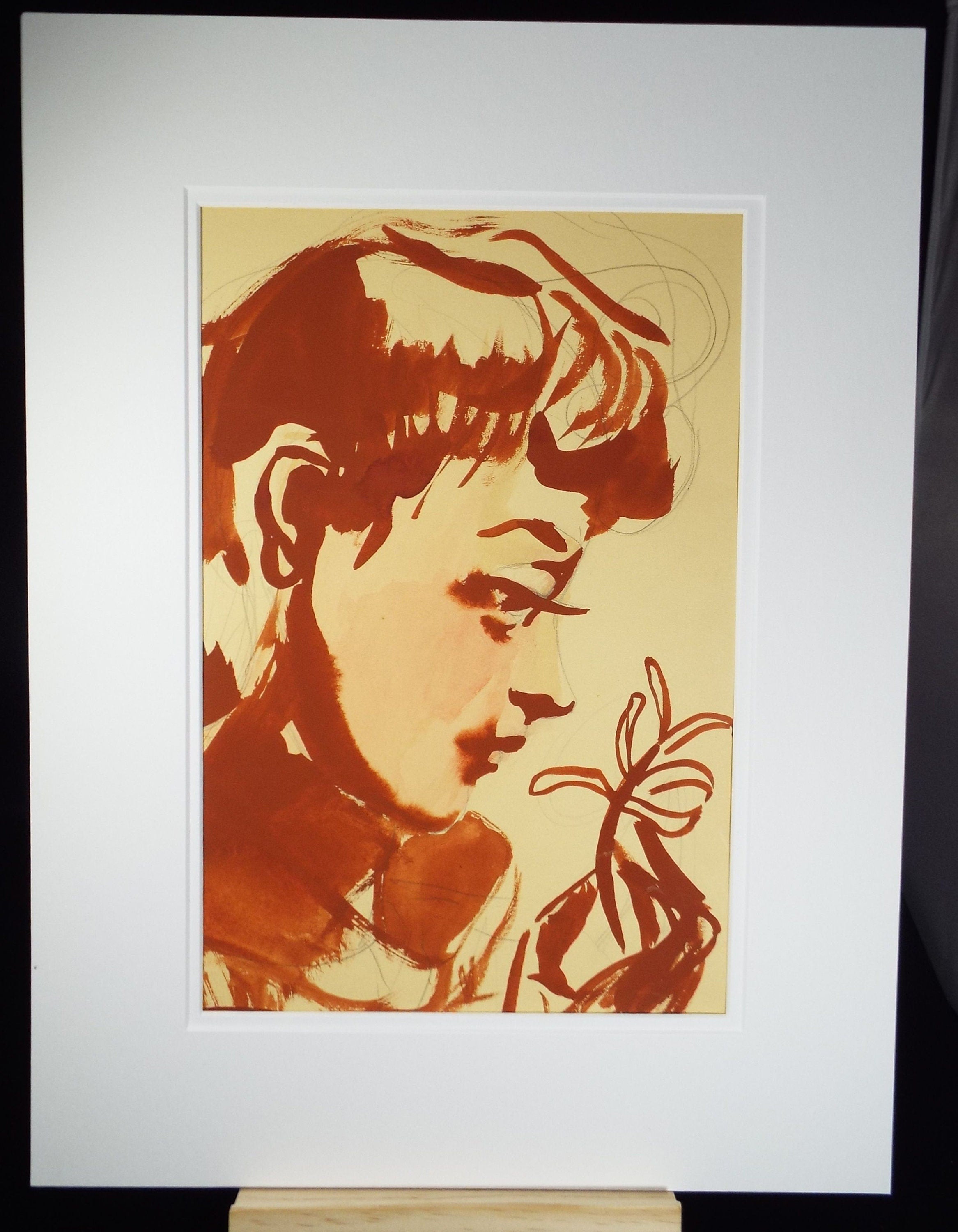 Original Watercolour and Gouache, 'Portrait of Girl Smelling a Flower', c1940's, Artist Unknown