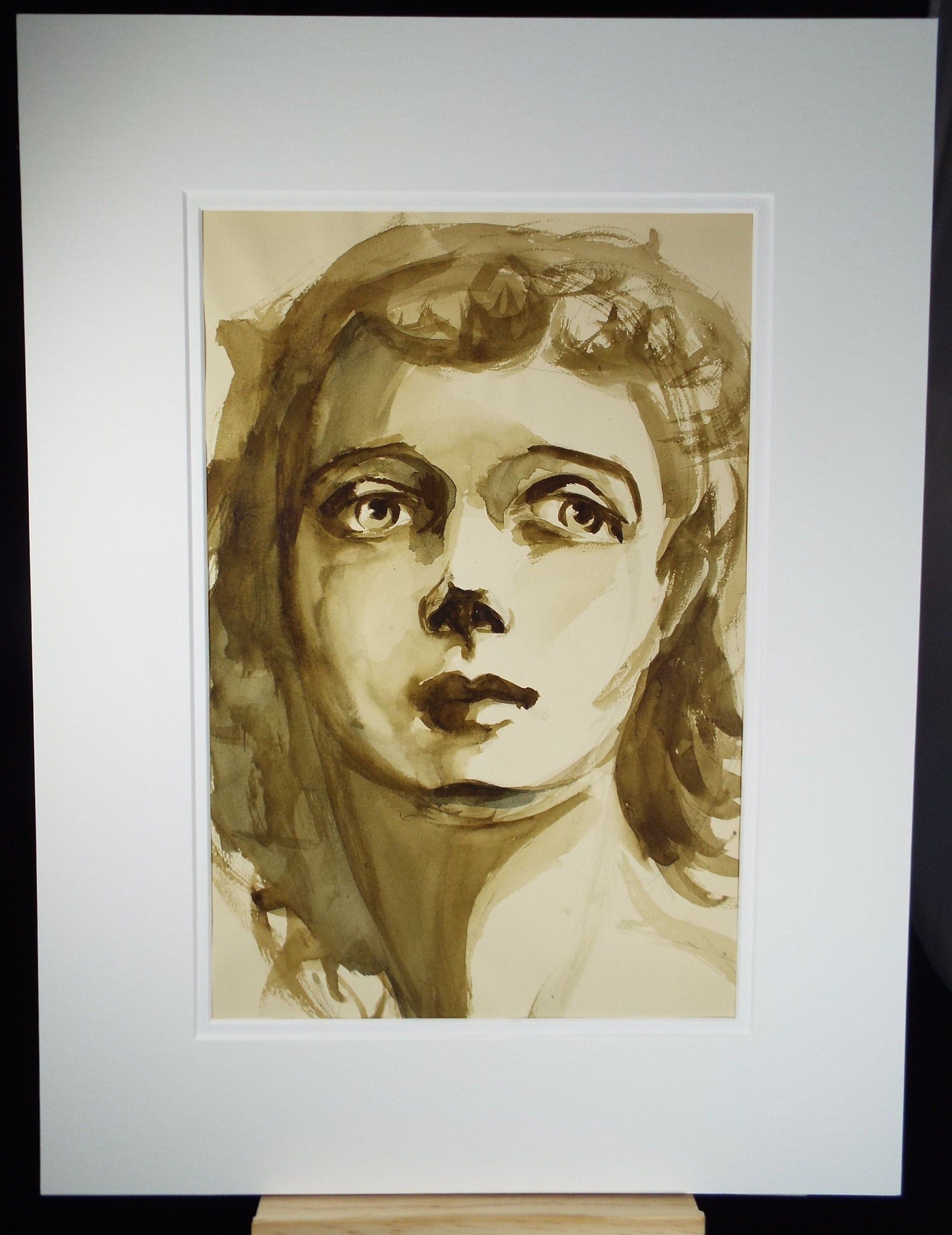 Original Watercolour and Gouache, 'Dramatic Portrait of a Woman', c1950's, Artist Unknown
