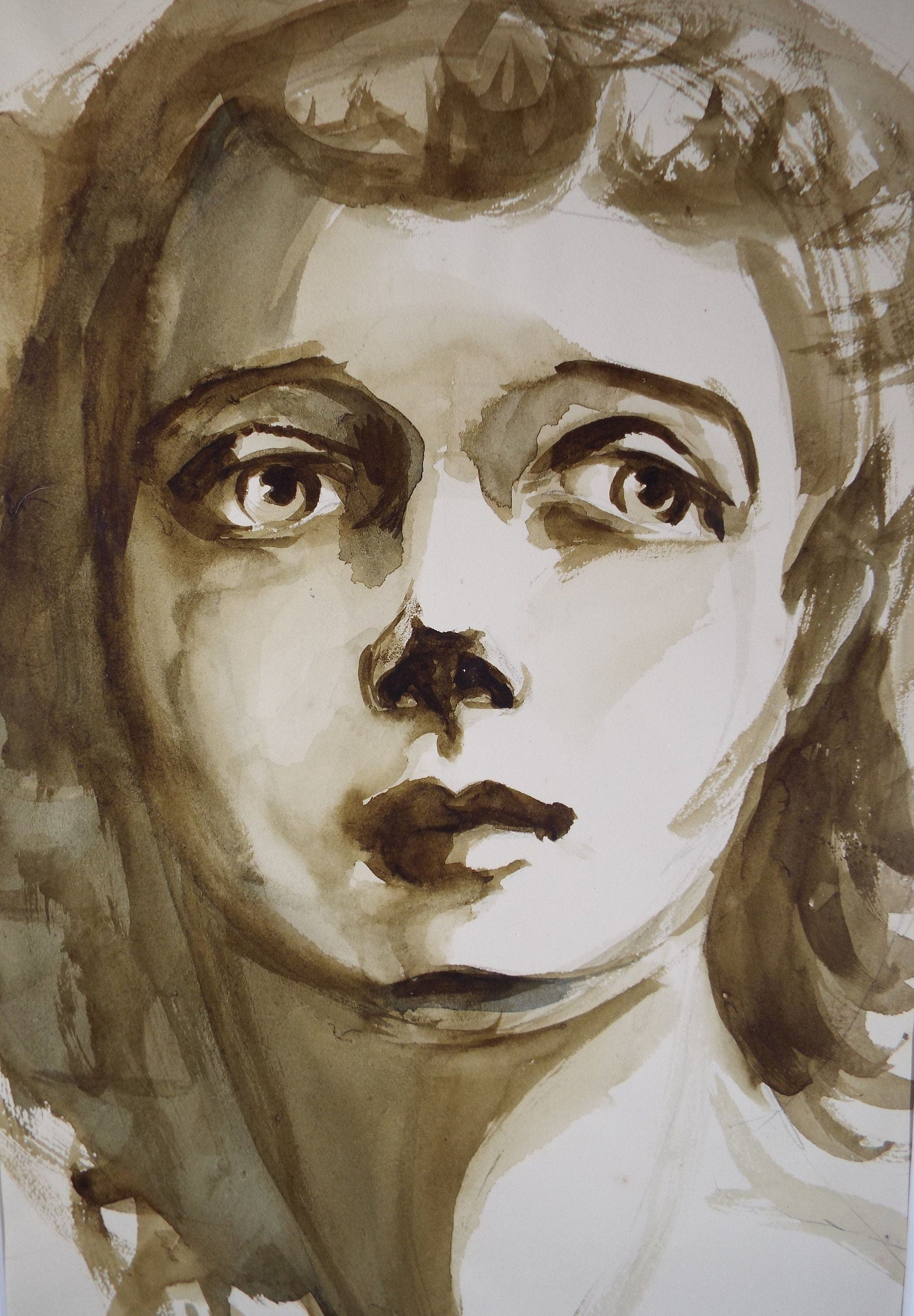 Original Watercolour and Gouache, 'Dramatic Portrait of a Woman', c1950's, Artist Unknown