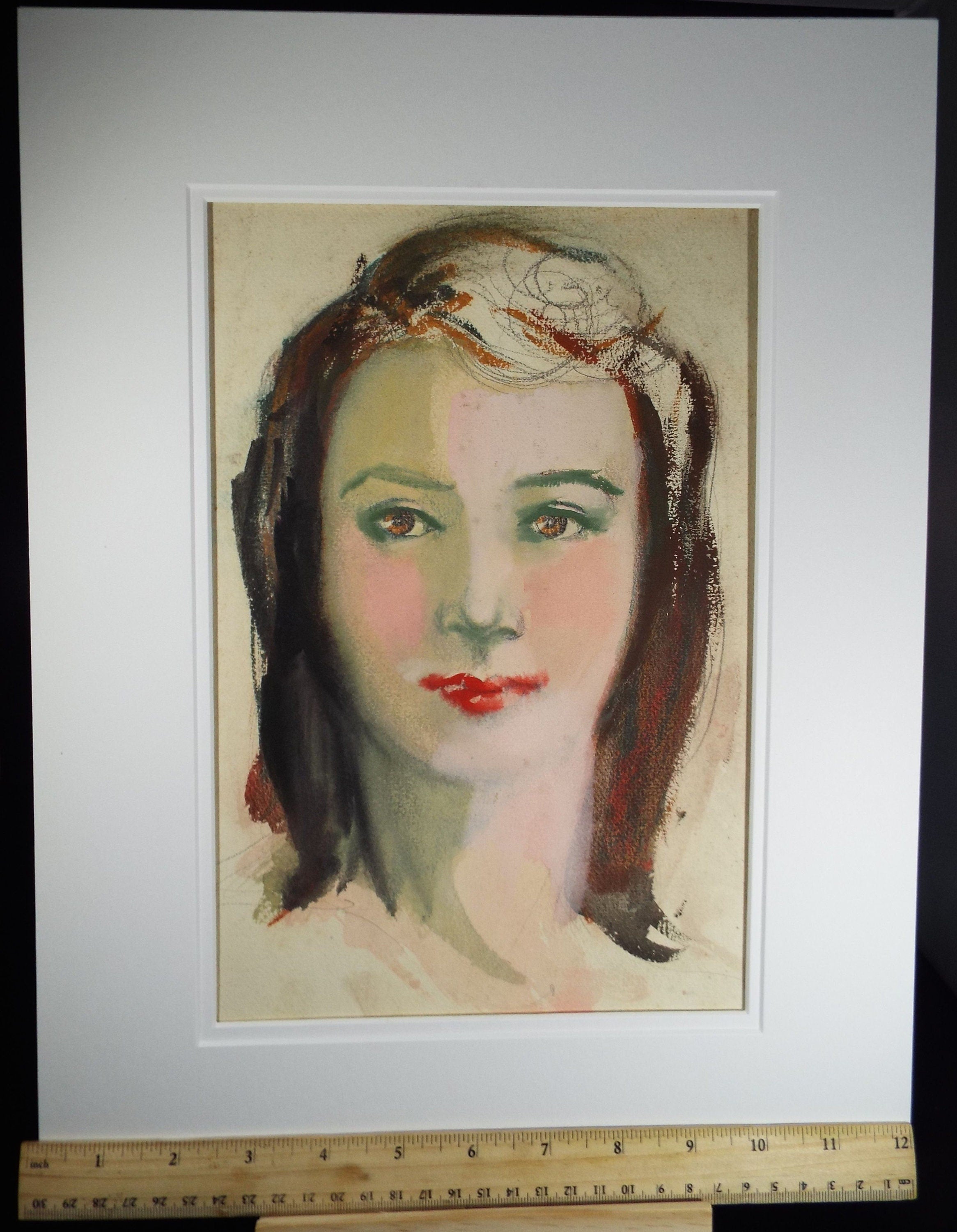 Original Watercolour and Gouache, 'Portrait of Young Woman with Long Hair', c1950's, Artist Unknown