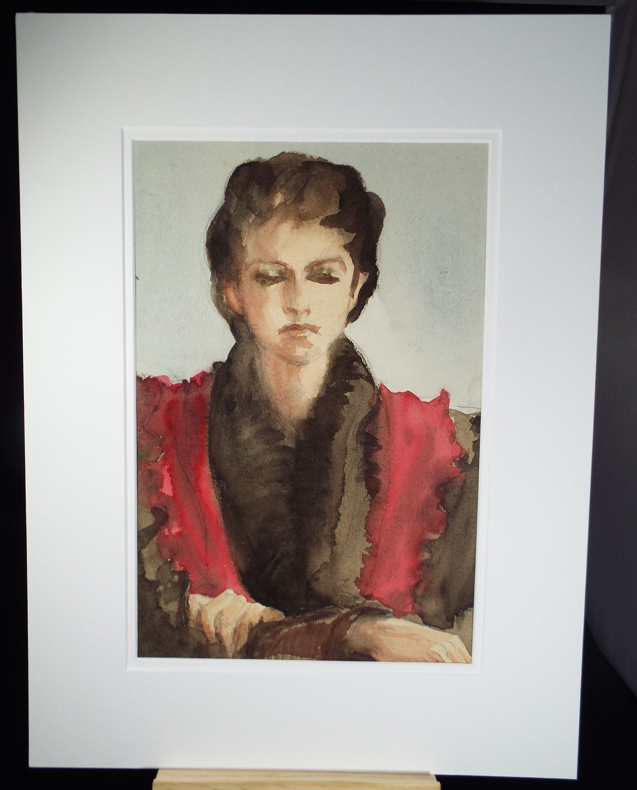 Original Watercolour and Gouache, 'Portrait of Woman with Closed Eyes', c1940's, Artist Unknown