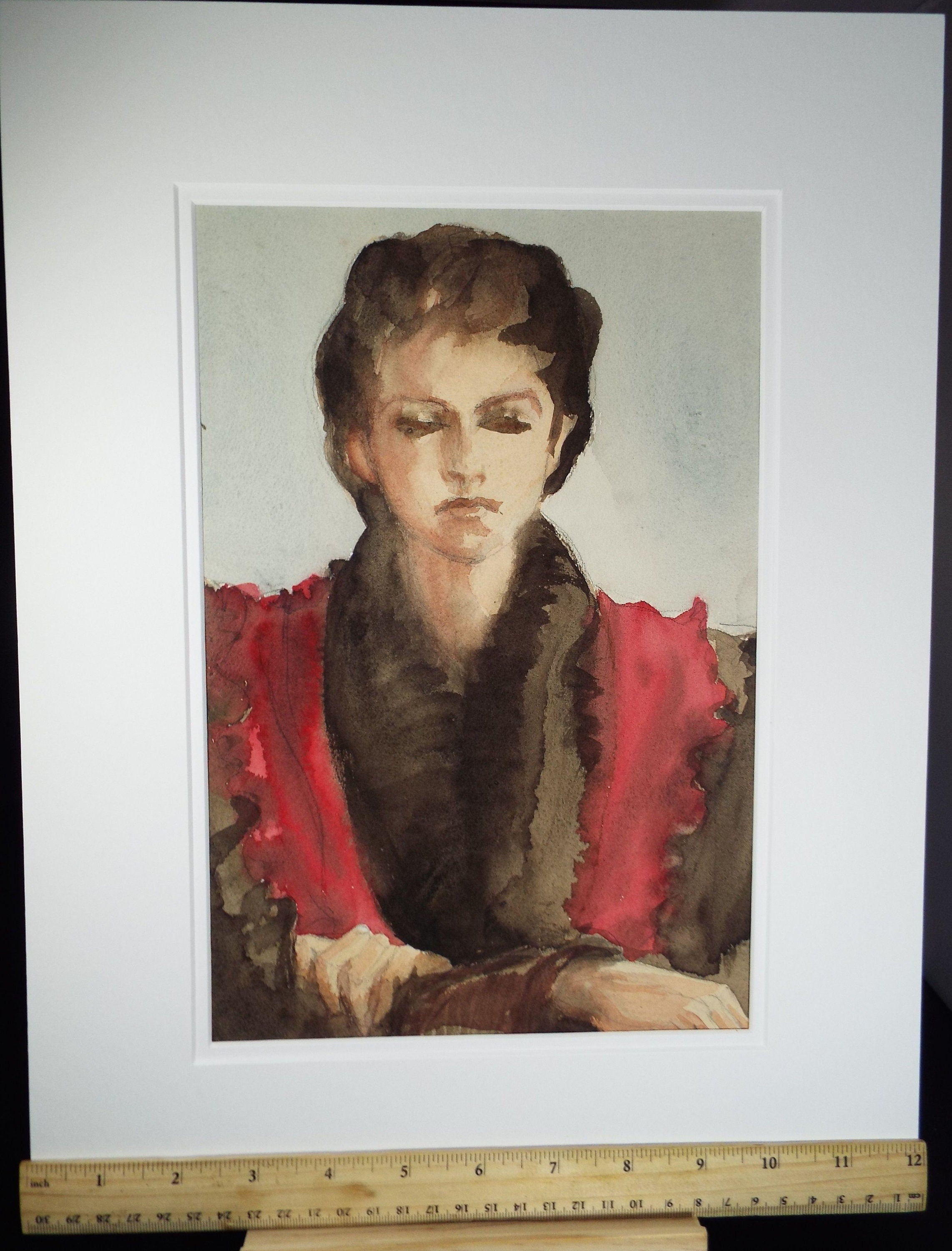 Original Watercolour and Gouache, 'Portrait of Woman with Closed Eyes', c1940's, Artist Unknown