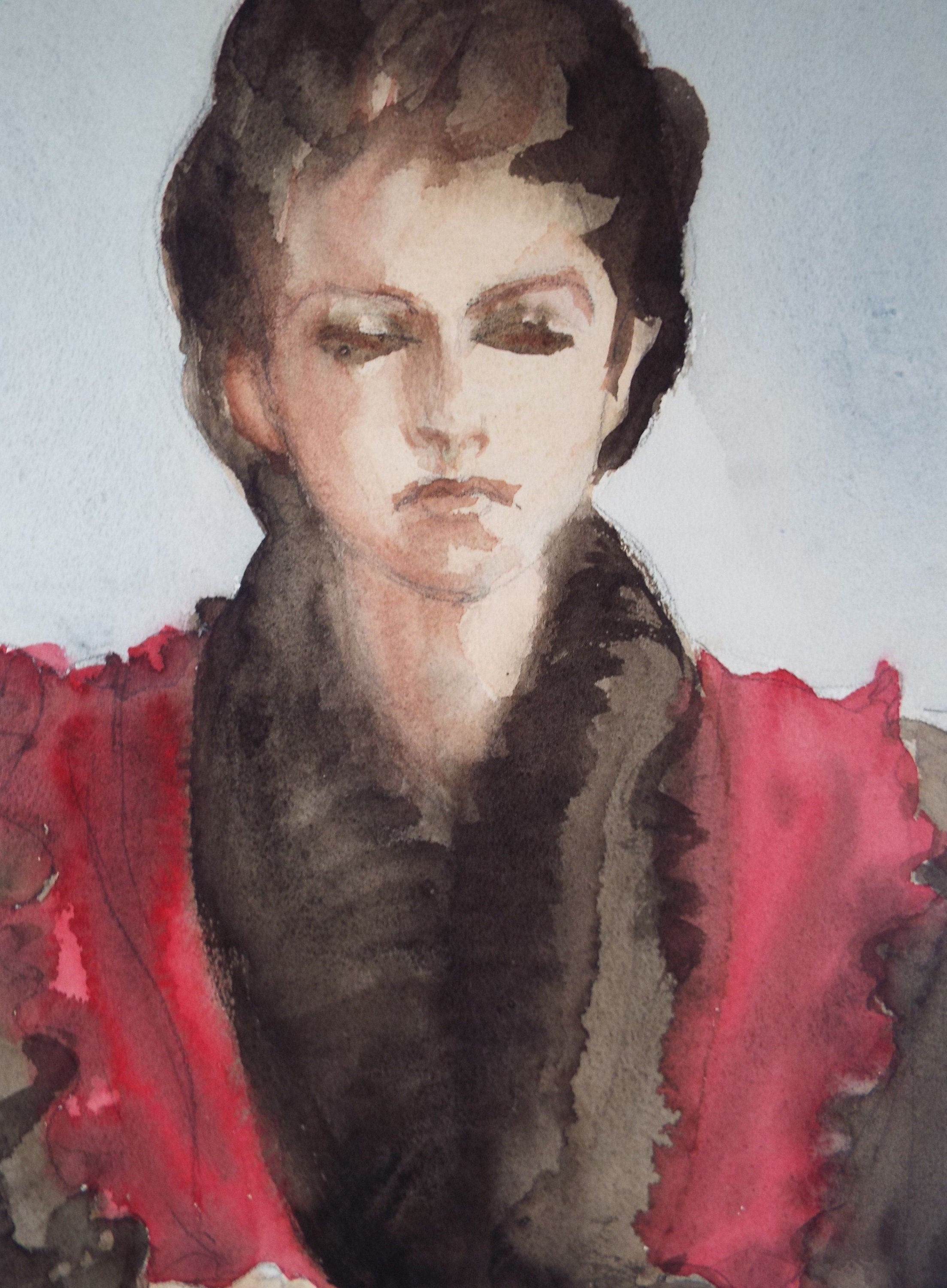 Original Watercolour and Gouache, 'Portrait of Woman with Closed Eyes', c1940's, Artist Unknown