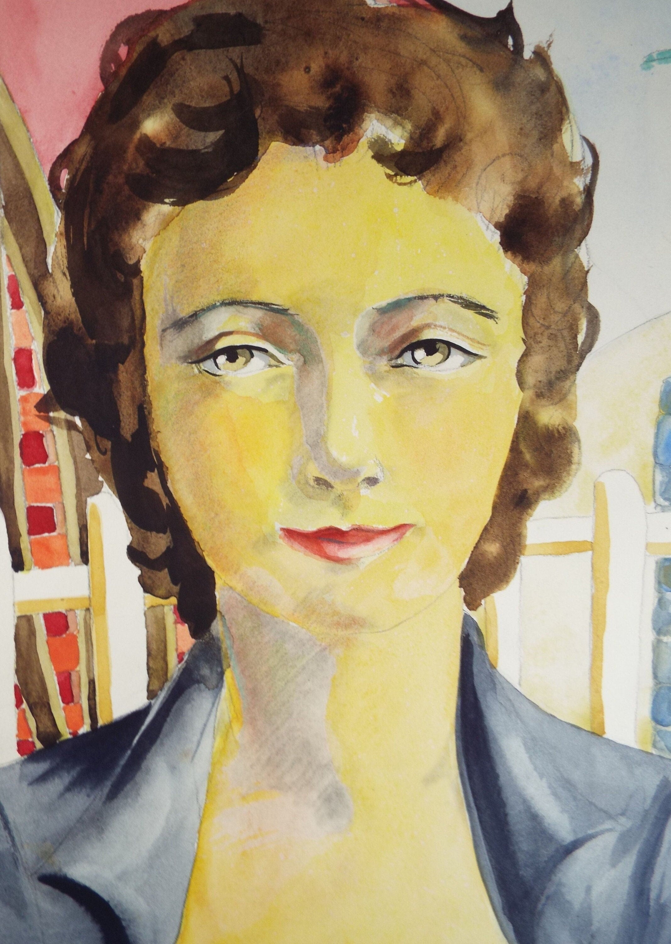 Original Watercolour and Gouache, 'Portrait of Woman in Blue', c1950's, Artist Unknown
