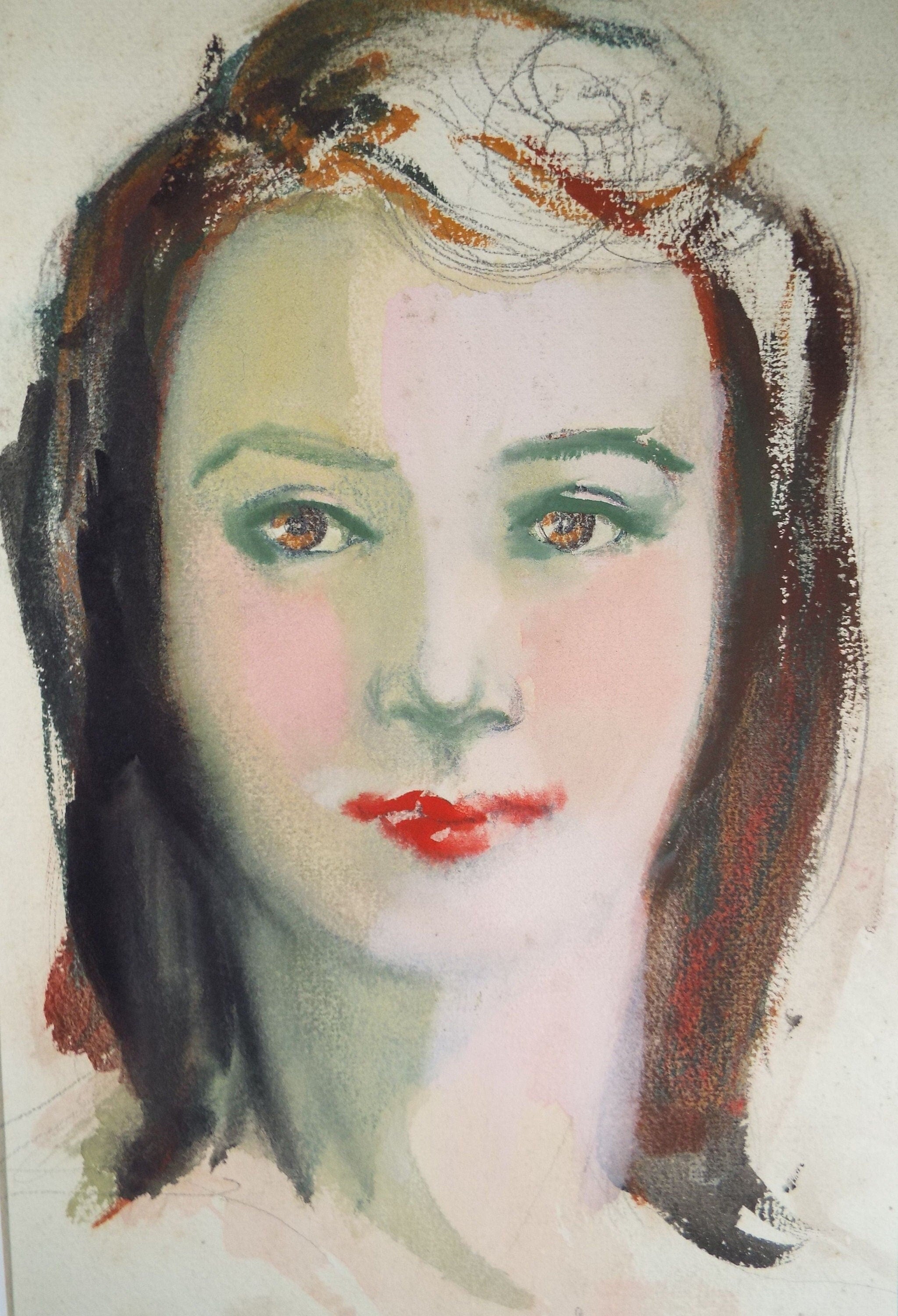 Original Watercolour and Gouache, 'Portrait of Young Woman with Long Hair', c1950's, Artist Unknown