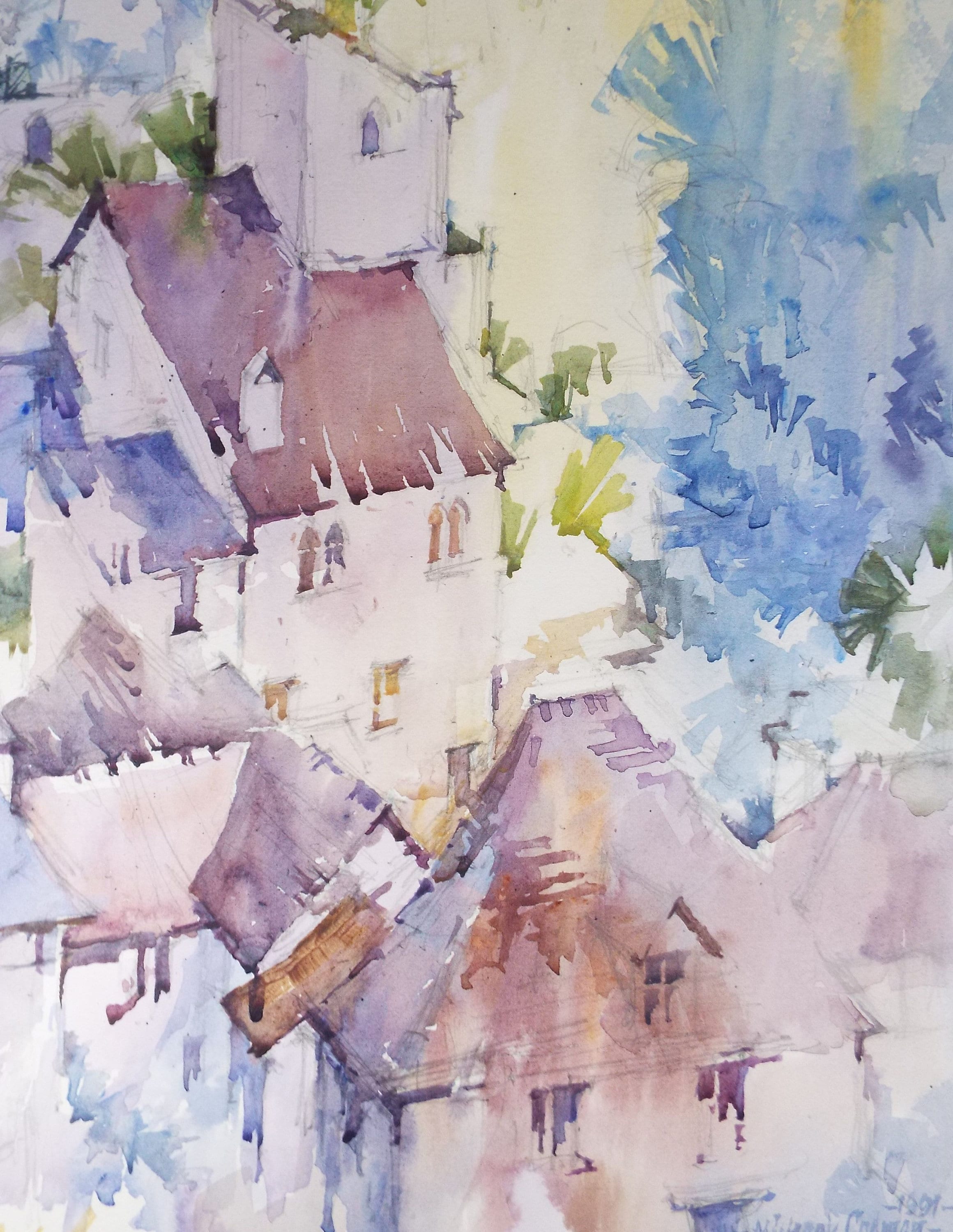 Michael Cadman RI ARCA (1920-2012) 1991 'Italian Mountain Village'- Original Watercolour on Paper, Double Mounted ready for framing