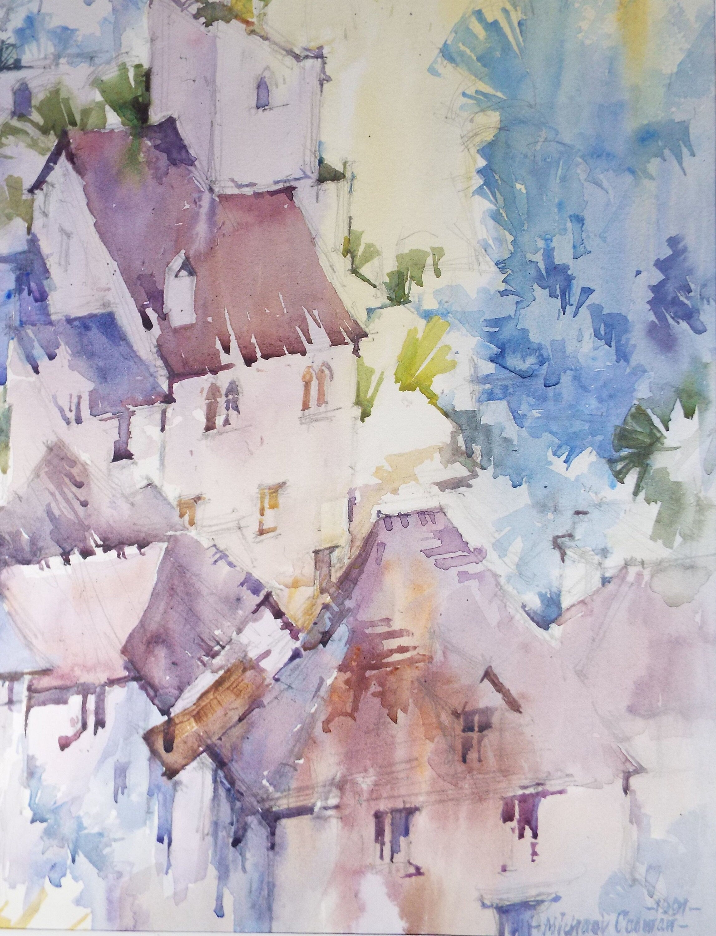 Michael Cadman RI ARCA (1920-2012) 1991 'Italian Mountain Village'- Original Watercolour on Paper, Double Mounted ready for framing