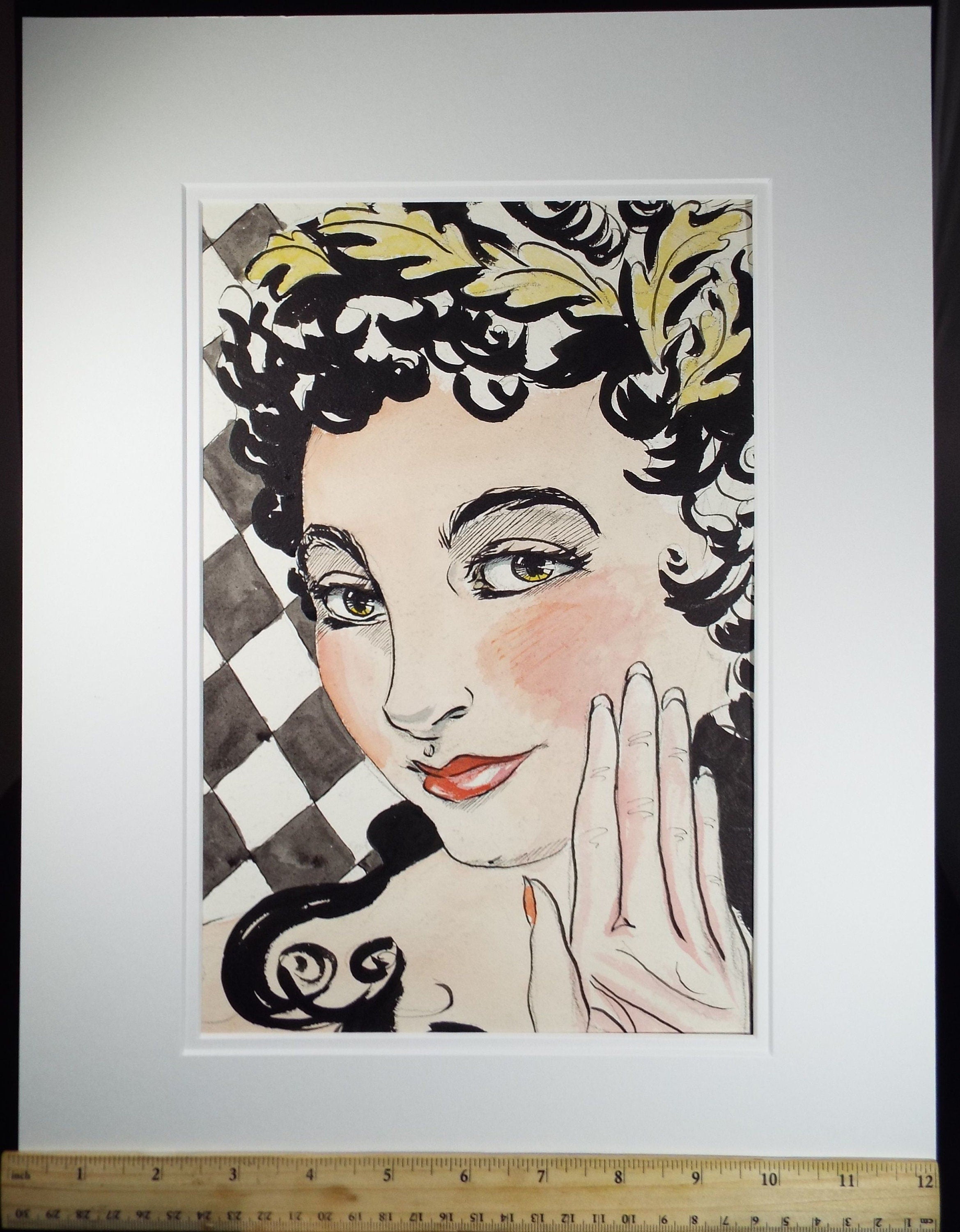 Original Watercolour and Gouache, 'Portrait of Woman wearing Oak Leaves', c1940's, Artist Unknown