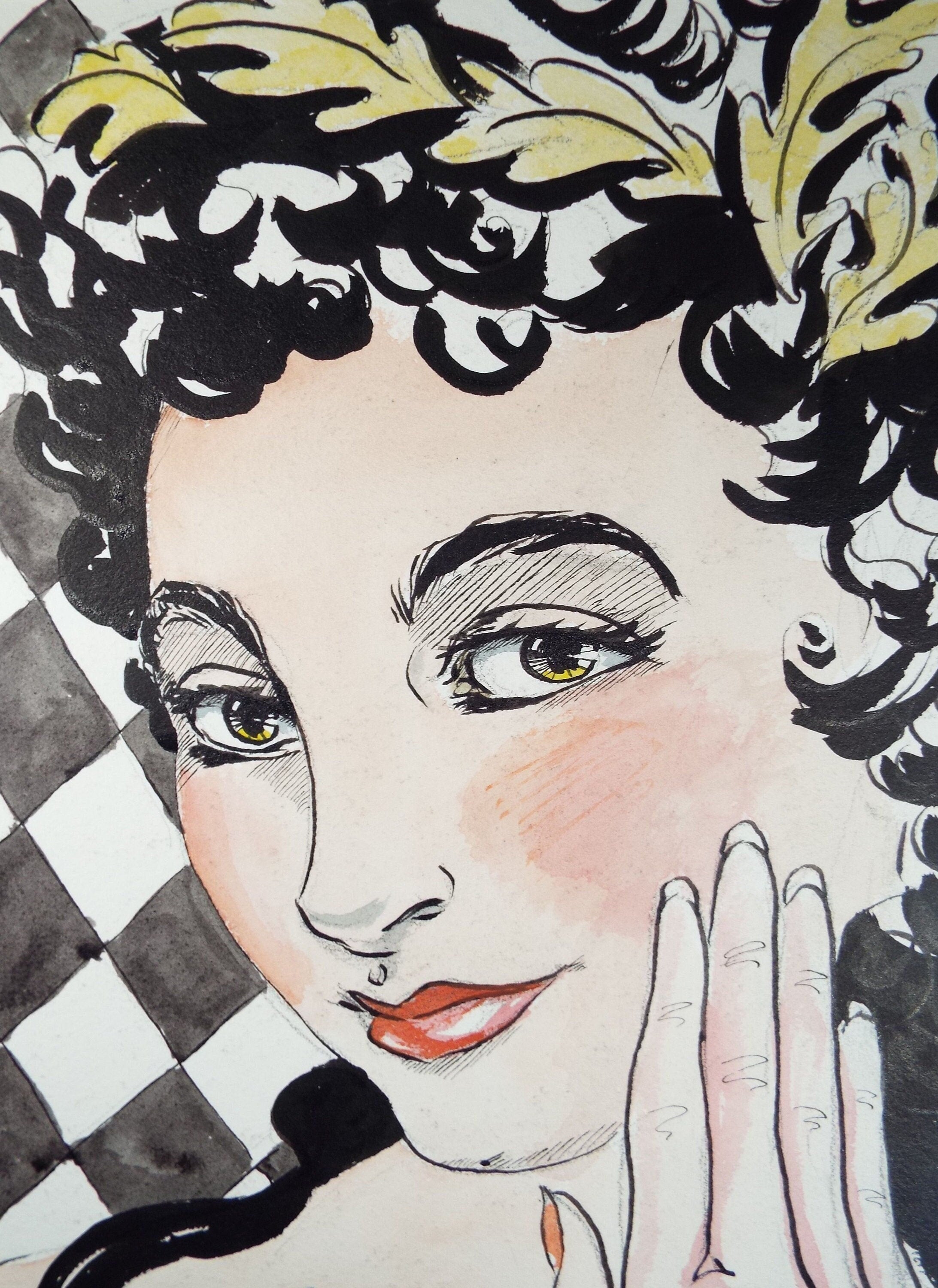 Original Watercolour and Gouache, 'Portrait of Woman wearing Oak Leaves', c1940's, Artist Unknown