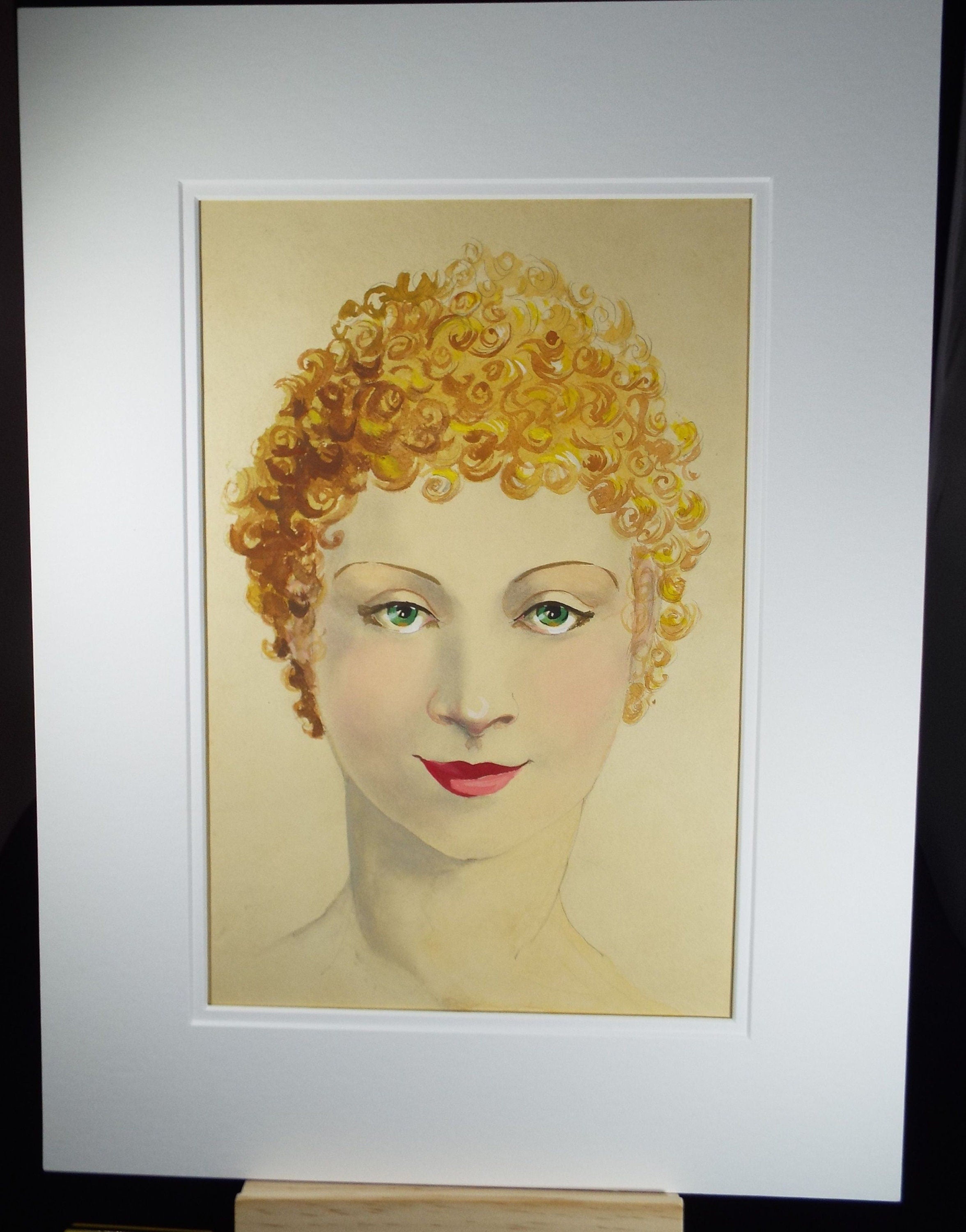 Original Watercolour and Gouache, 'Portrait of Woman with Bubble Perm', c1940's, Artist Unknown