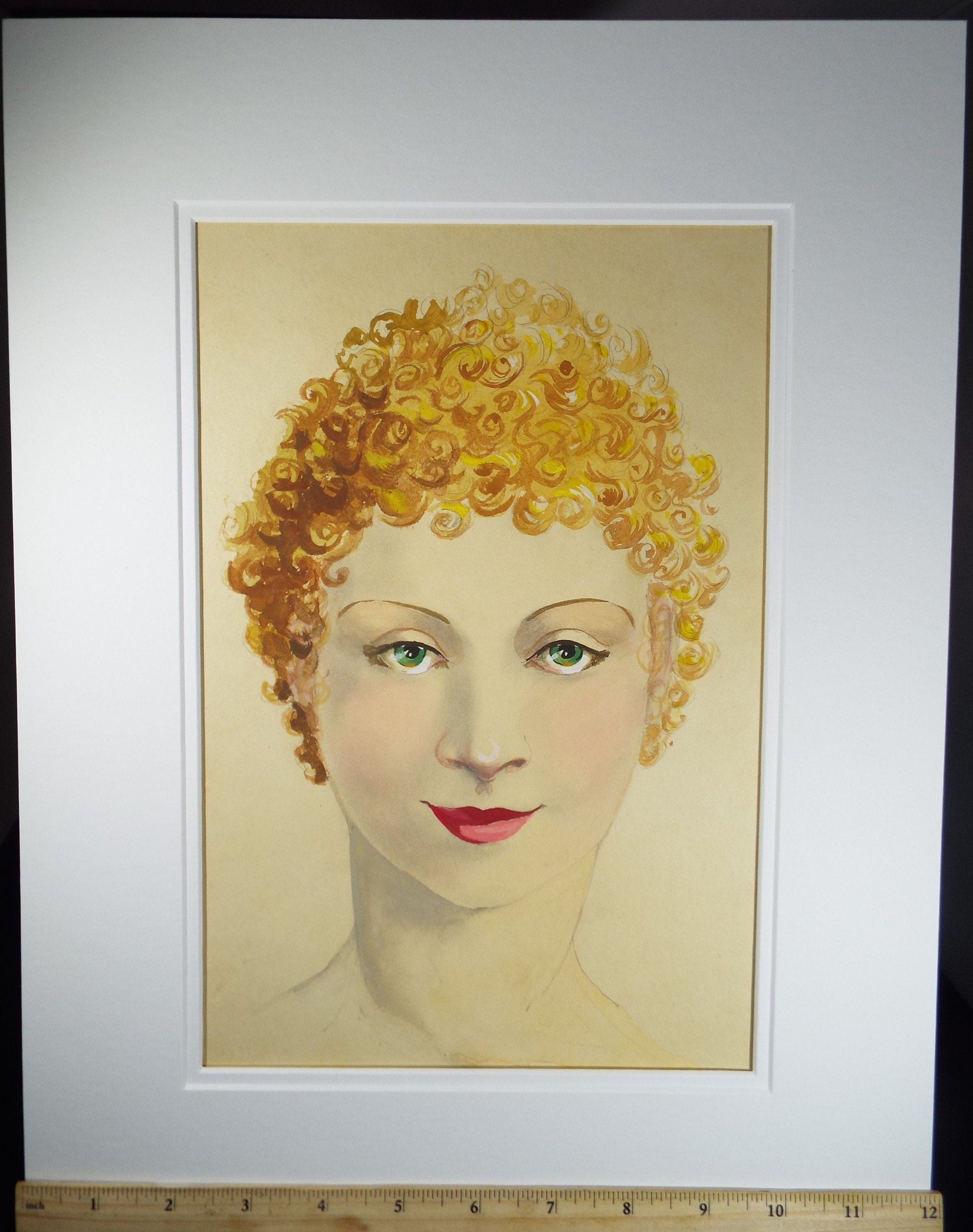 Original Watercolour and Gouache, 'Portrait of Woman with Bubble Perm', c1940's, Artist Unknown