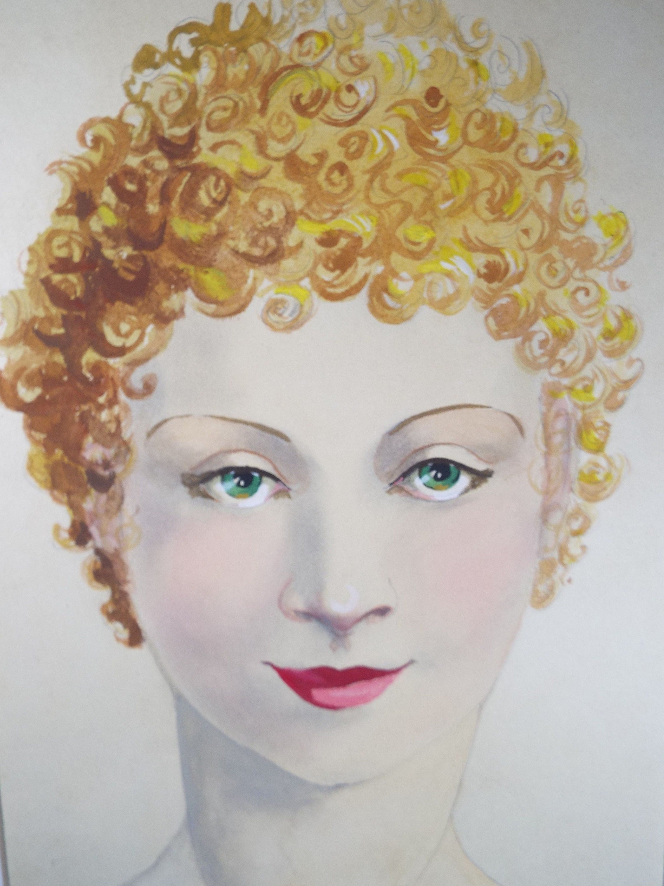 Original Watercolour and Gouache, 'Portrait of Woman with Bubble Perm', c1940's, Artist Unknown