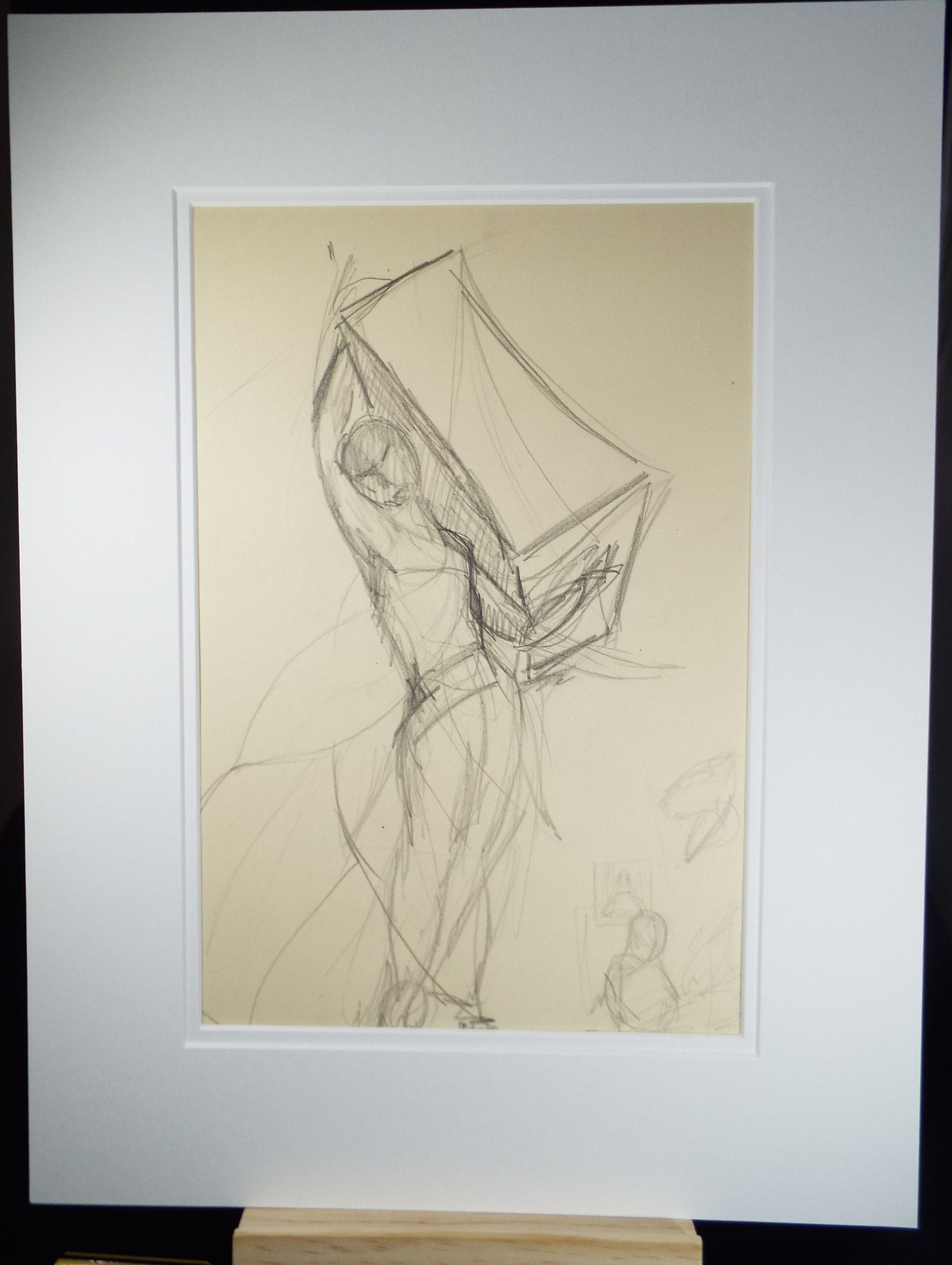 Original Pencil Drawing 'Abstract Portrait Figure Carrying a Box', c1980s, Artist Unknown