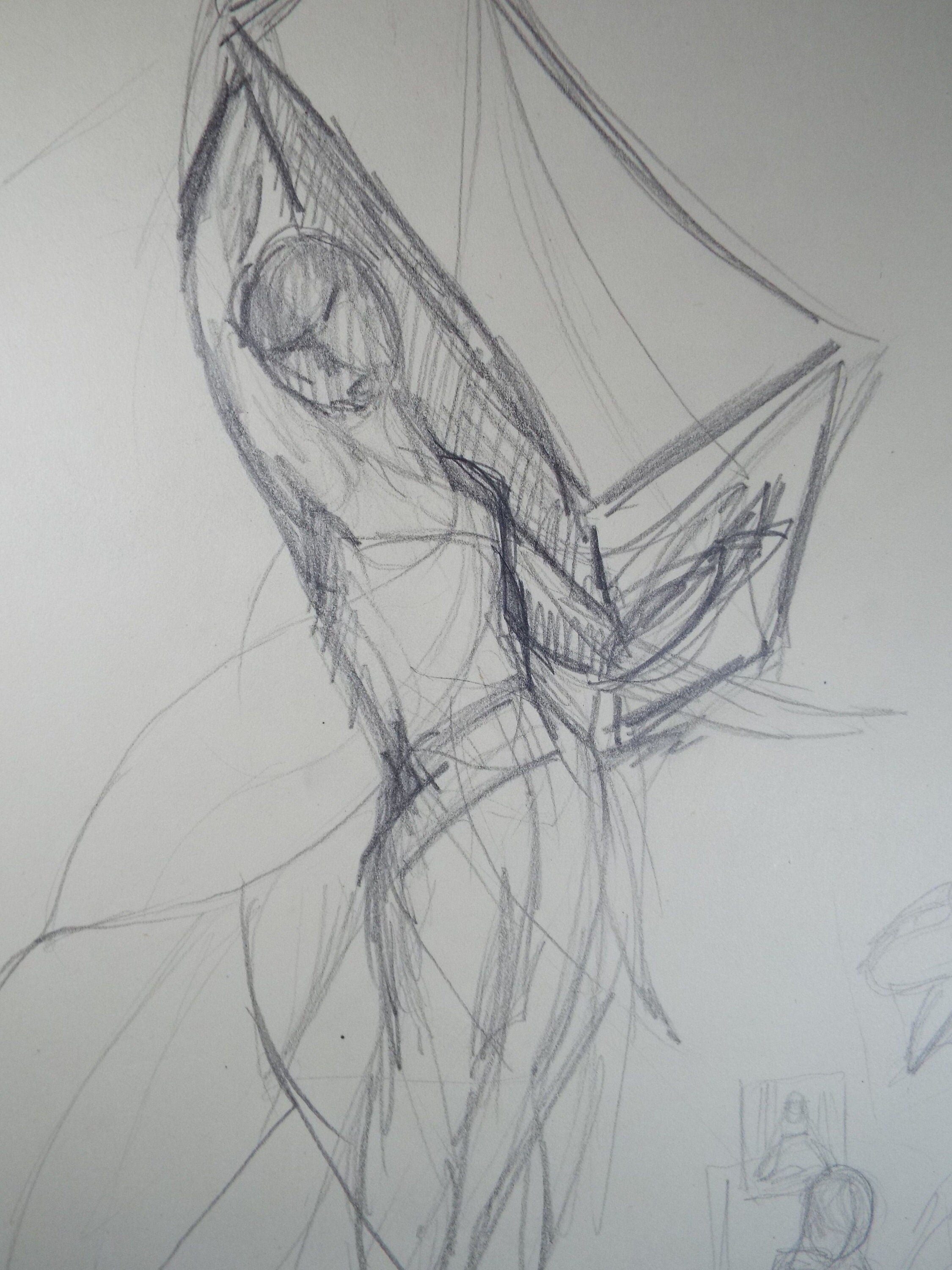 Original Pencil Drawing 'Abstract Portrait Figure Carrying a Box', c1980s, Artist Unknown