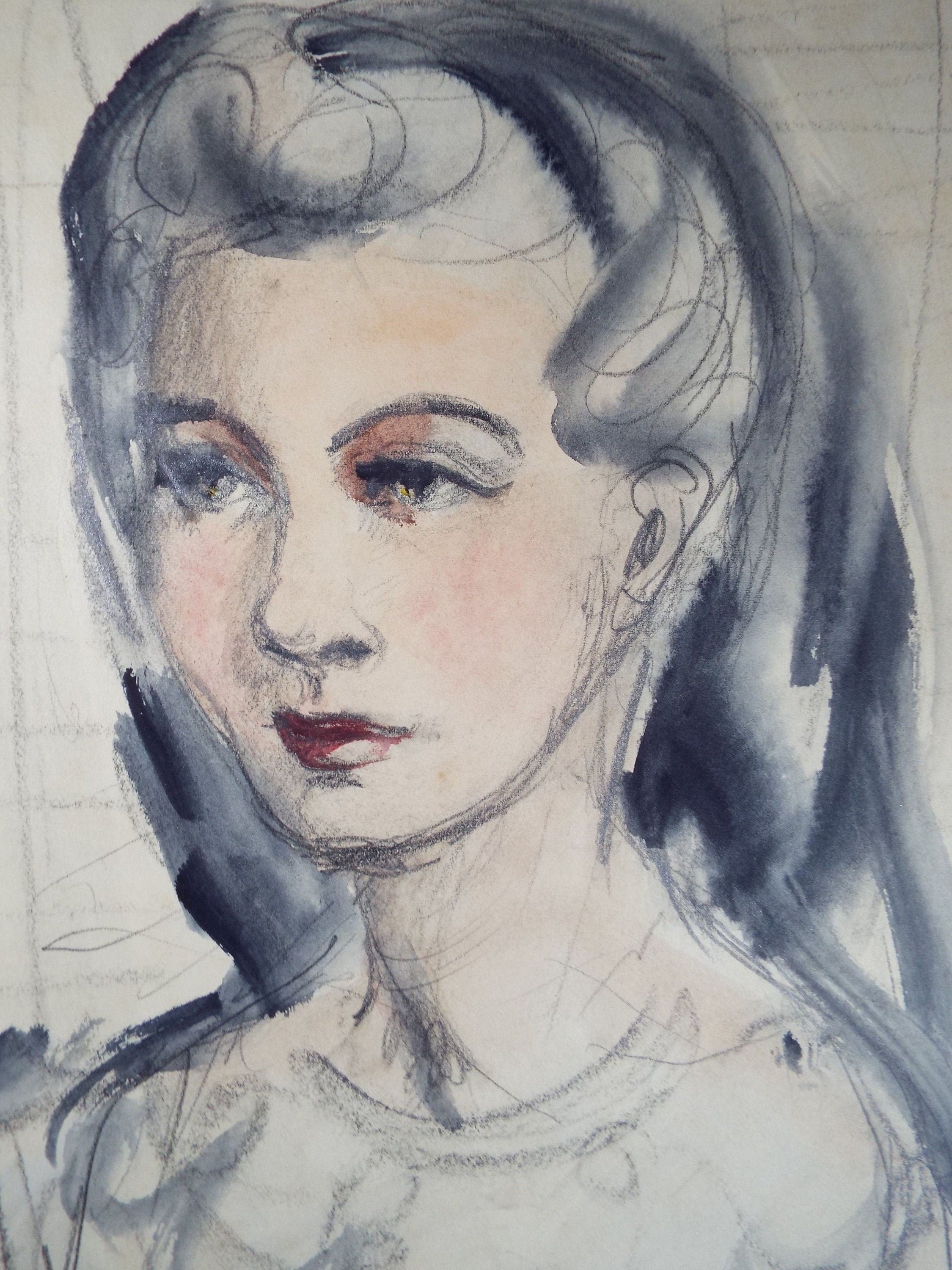 Original Watercolour and Gouache, 'Portrait of Woman with Black Hair', c1980's, Artist Unknown