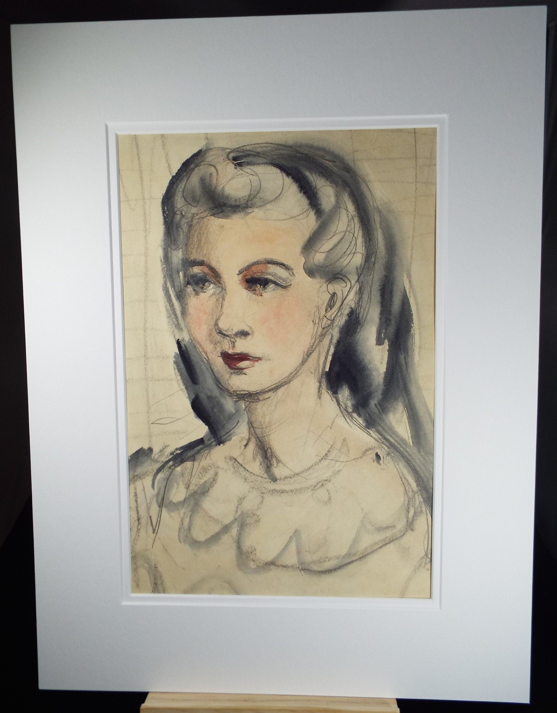 Original Watercolour and Gouache, 'Portrait of Woman with Black Hair', c1980's, Artist Unknown