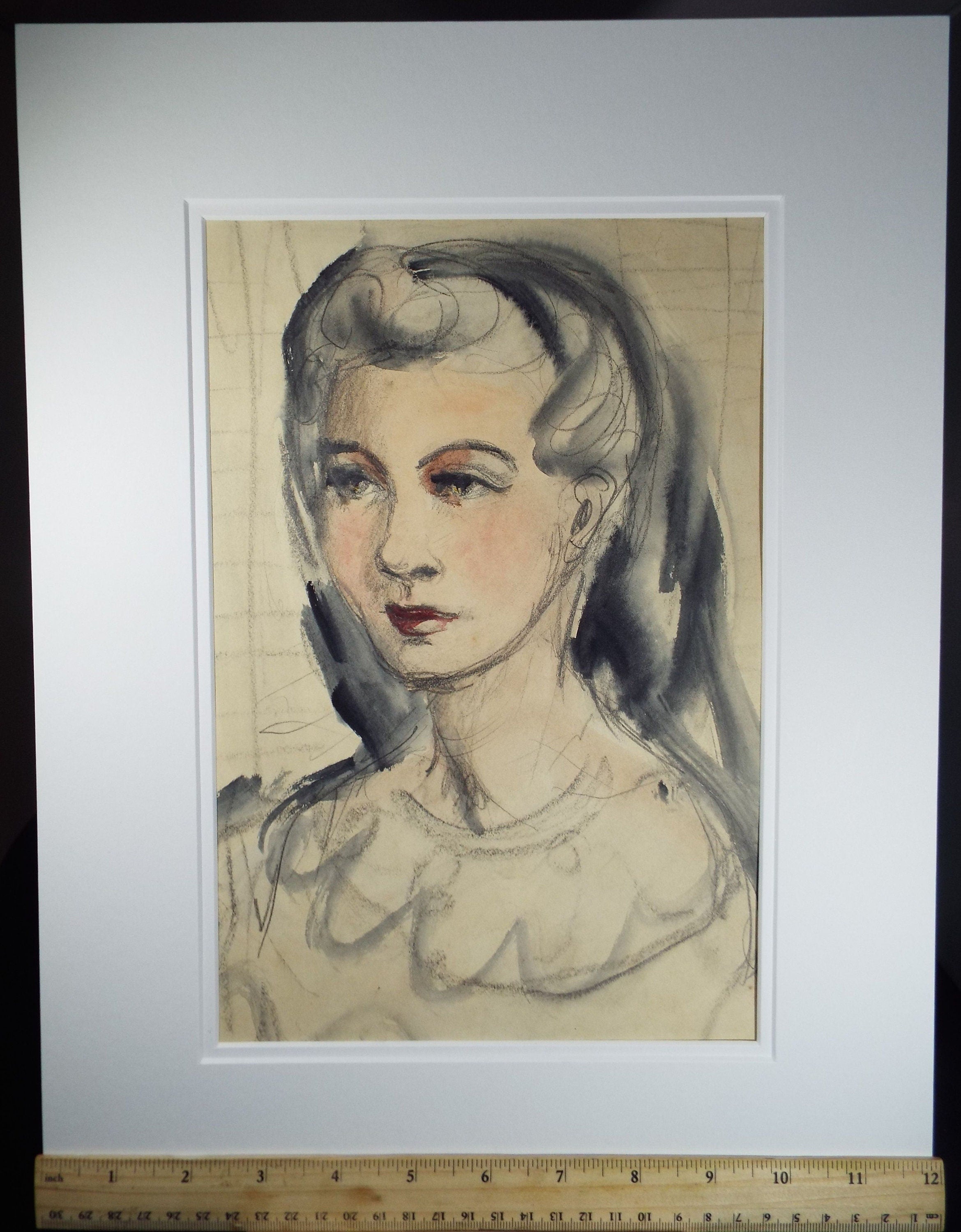 Original Watercolour and Gouache, 'Portrait of Woman with Black Hair', c1980's, Artist Unknown