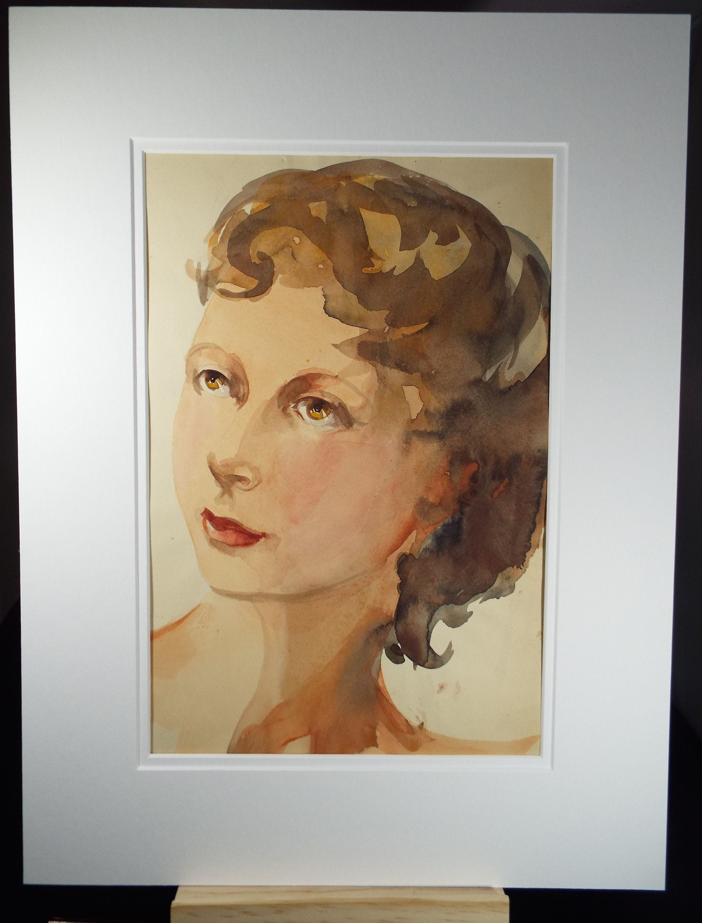 Original Watercolour and Gouache, 'Portrait of an Elegant Brunette Woman', c1950's, Artist Unknown