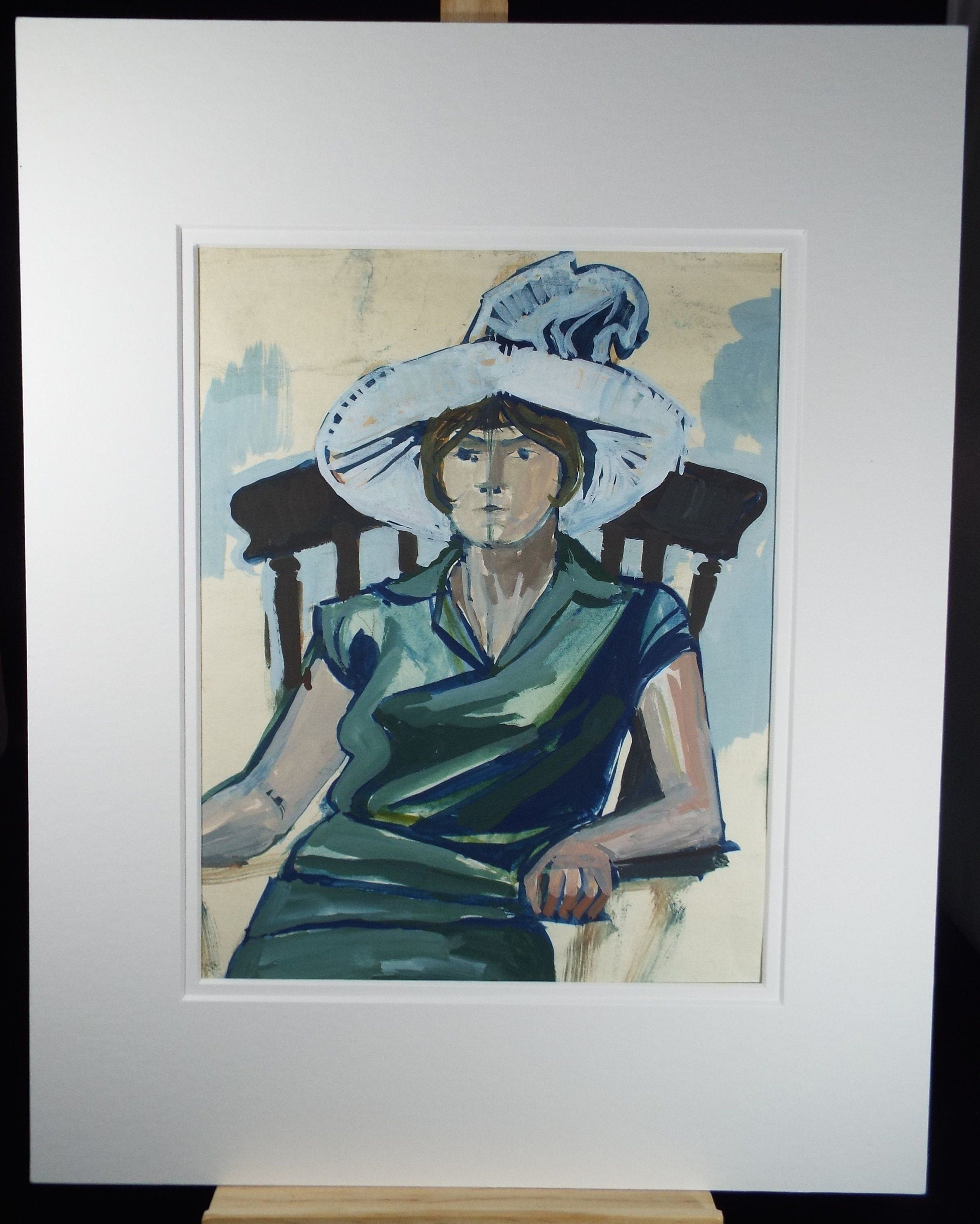 Original Watercolour and Gouache, 'Portrait of Seated Woman with Green Dress and Extravagant Hat', c1970's, Artist Unknown