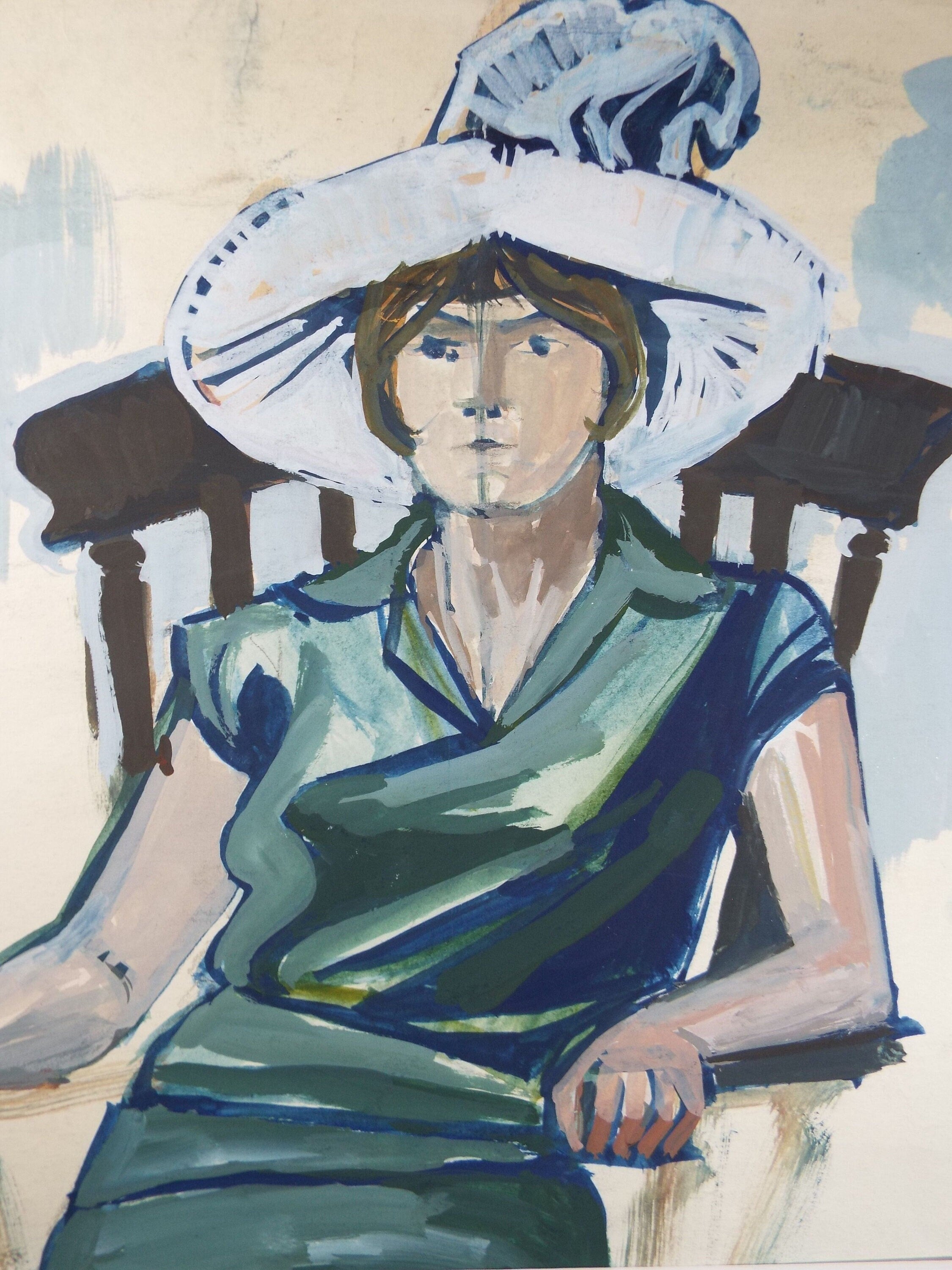 Original Watercolour and Gouache, 'Portrait of Seated Woman with Green Dress and Extravagant Hat', c1970's, Artist Unknown