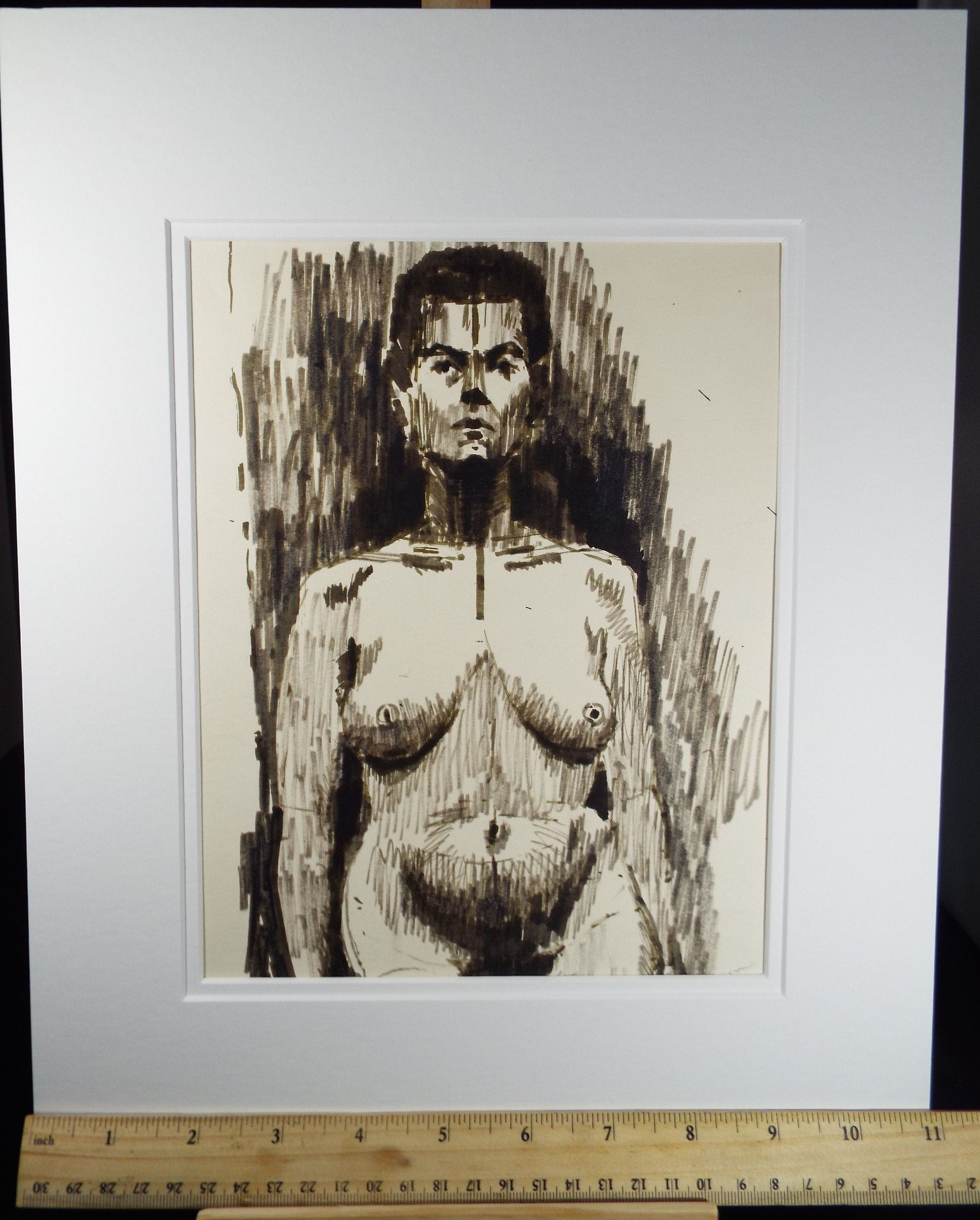 Original Black Pen Drawing 'Portrait of Nude Woman', c1980s, Artist Unknown