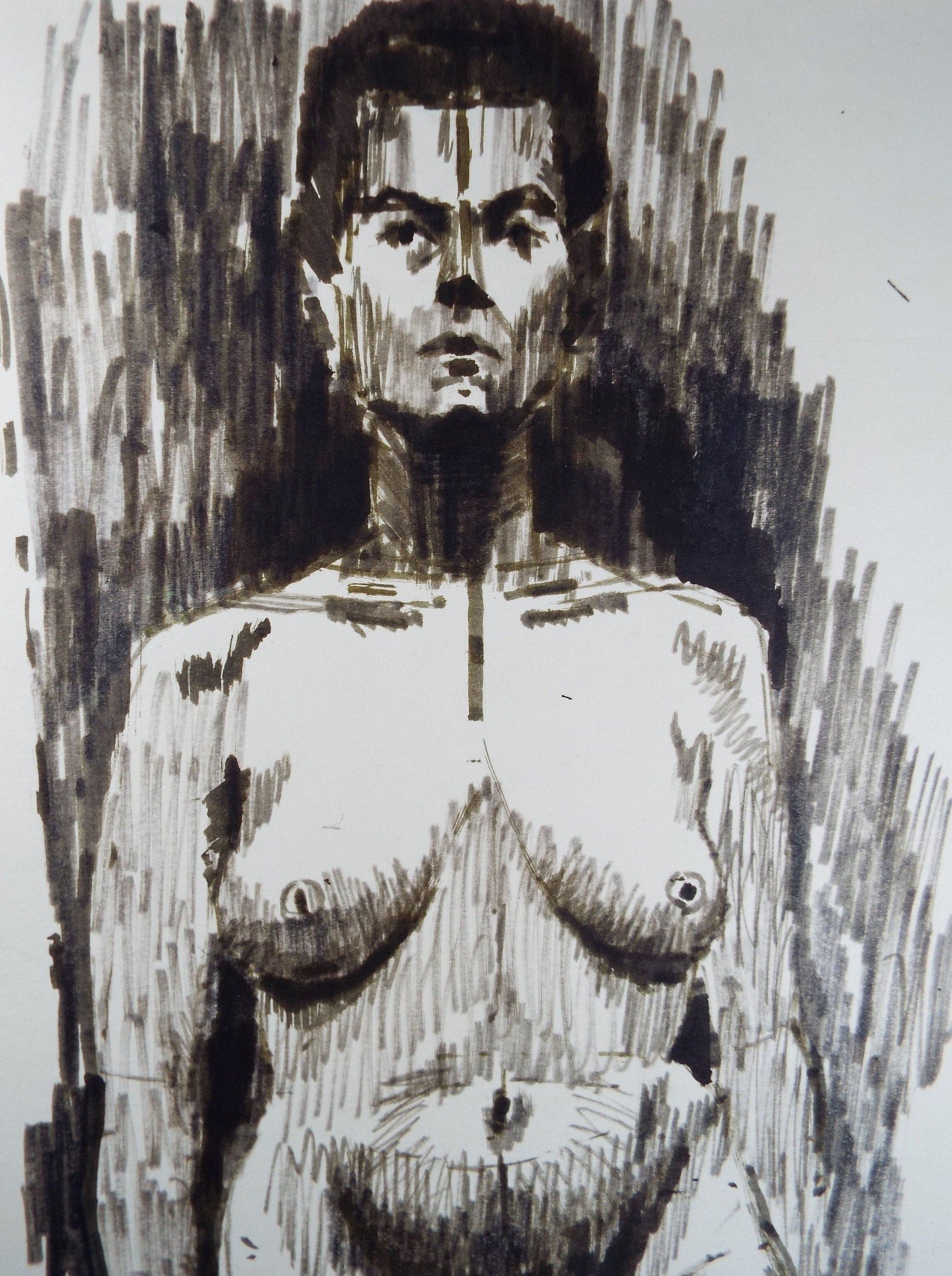 Original Black Pen Drawing 'Portrait of Nude Woman', c1980s, Artist Unknown