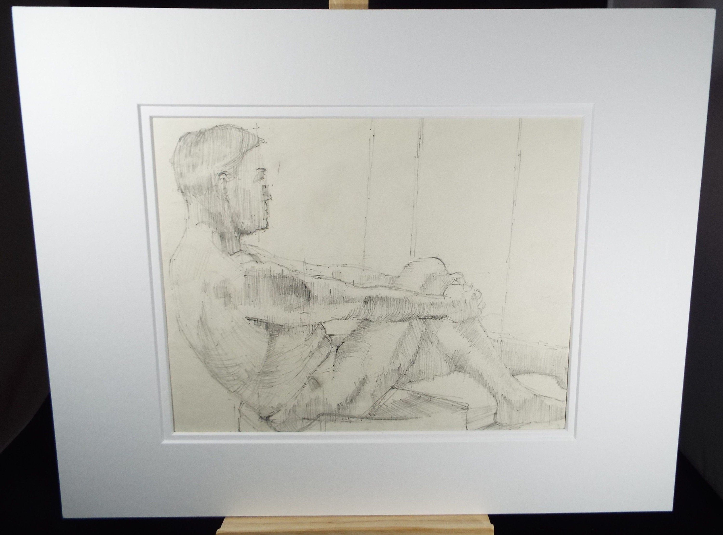 Original Pencil Drawing 'Seated Male Nude', c1980s, Artist Unknown