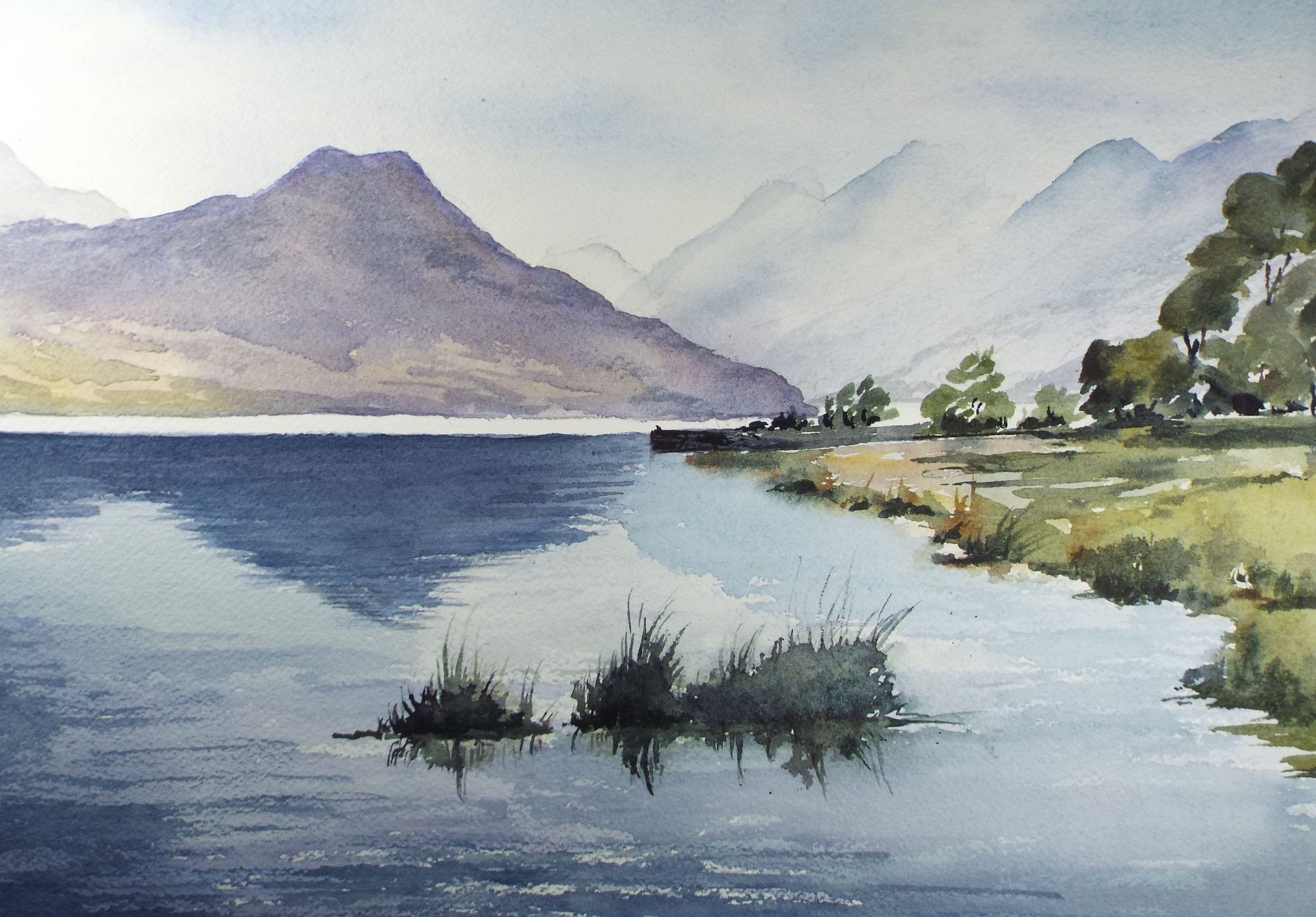 Elma Key (20-21st Century), British , 'Lake Scene with Mountains'- Original Watercolour on Paper, Double Mounted ready for framing