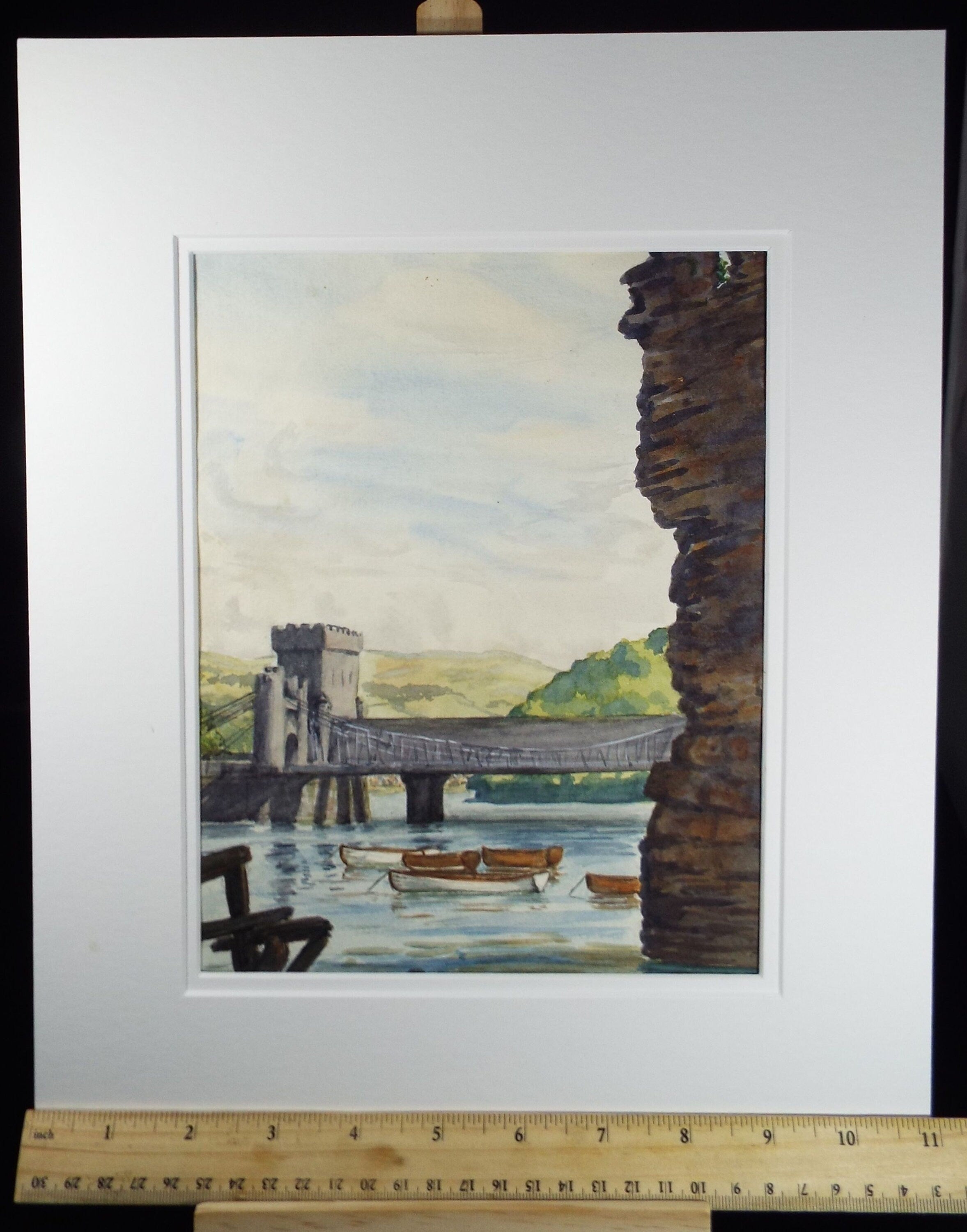 Original Watercolour, 'Conwy Suspension Bridge with Skiffs', c1970, Unknown Artist