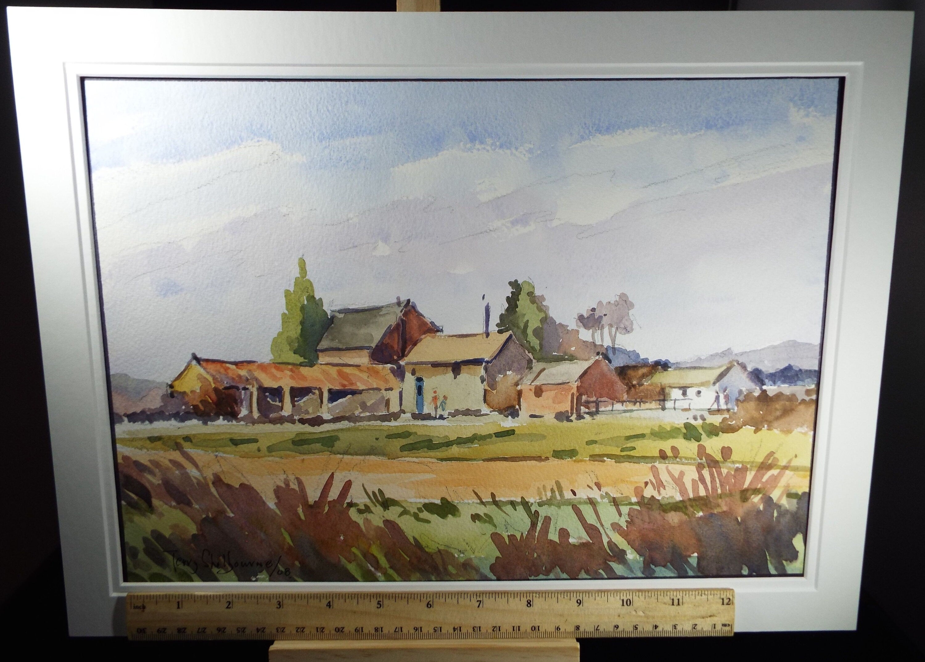 Terry Shelbourne (1930-2020), British, 'Fields with Farm Buildings ' - Original Watercolour on Paper, Double Mounted ready for framing