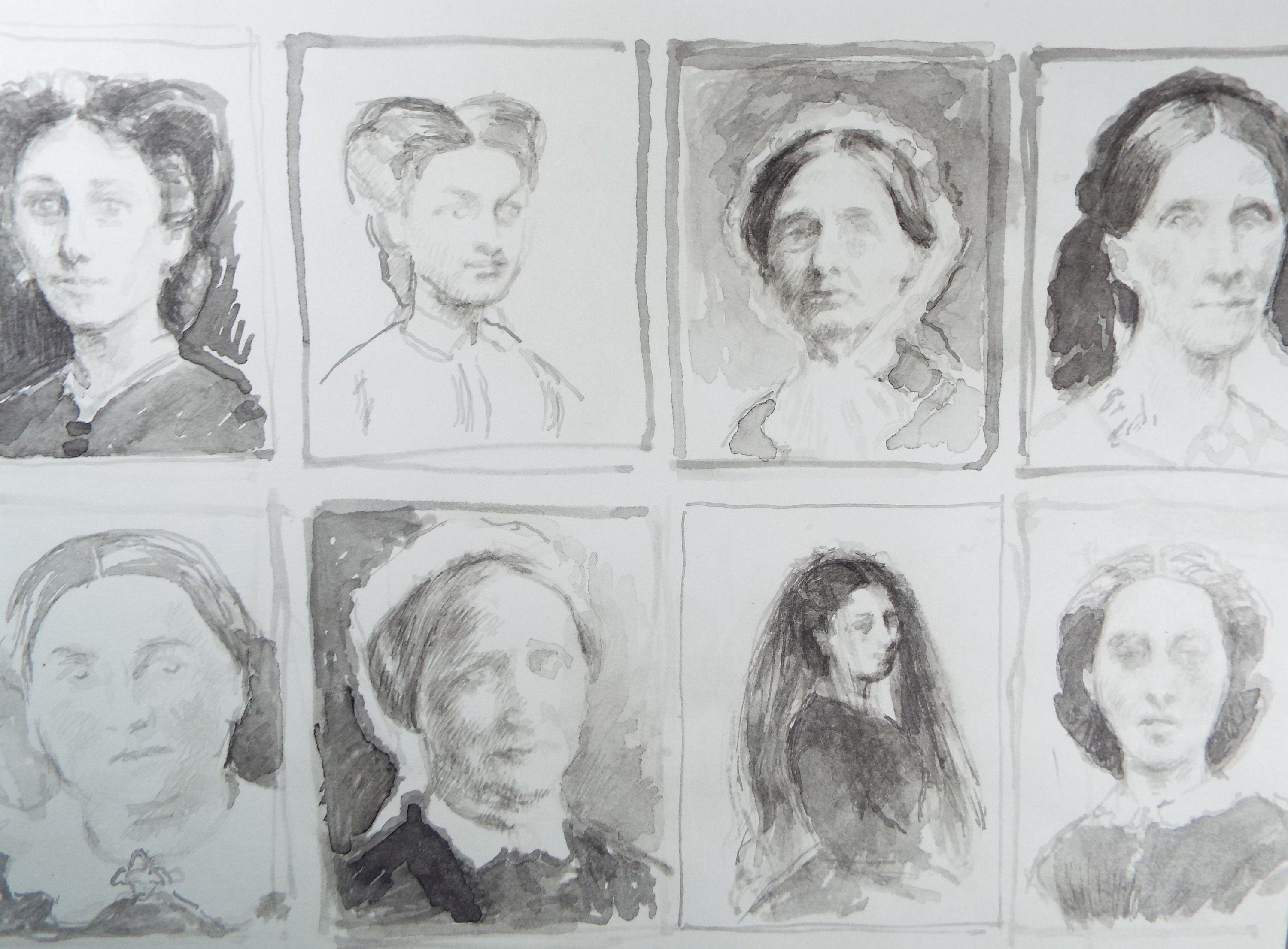 Original Pen and Black Wash Sketch 'Grisaille Portraits of Victorian Women', c1990s, Michael Stennett (British 1946-2020)