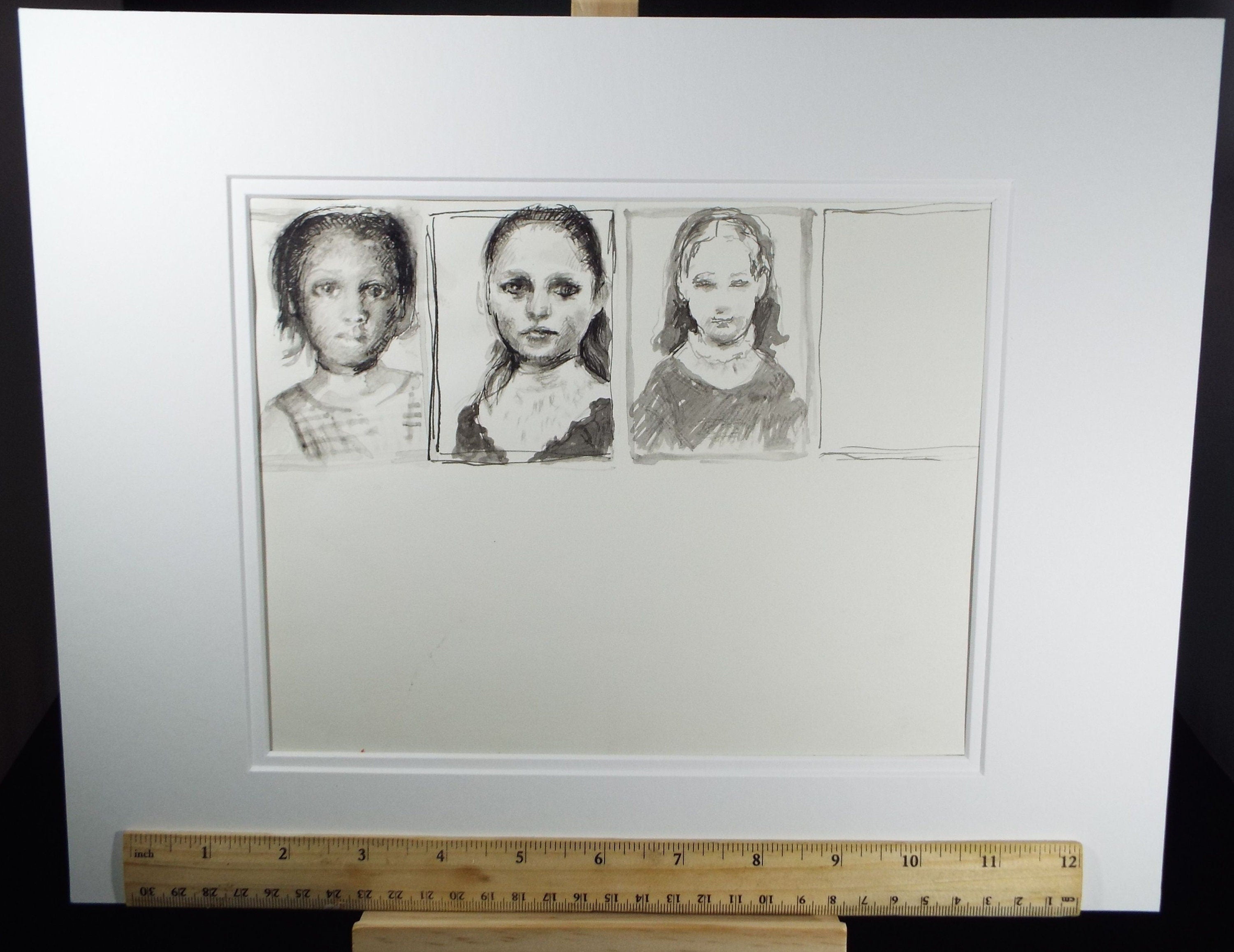 Original Pen and Black Wash Sketch  'Grisaille Portraits of Girls - Unfinished Work', c1990s,  Michael Stennett (British 1946-2020)