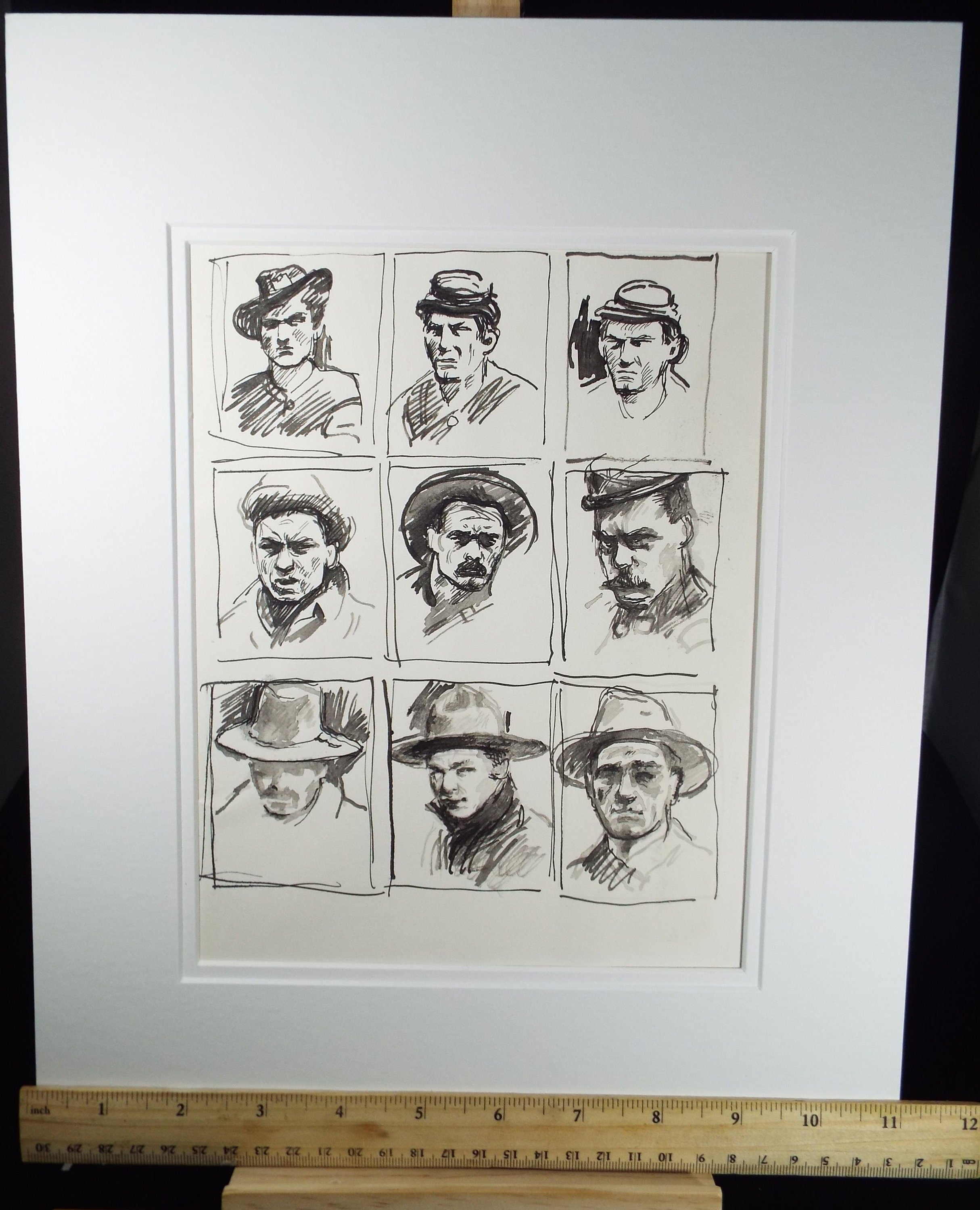 Original Pen and Black Wash Sketch 'Portraits of American Soldiers in Civil war Uniform', c1990s, Michael Stennett (British 1946-2020)