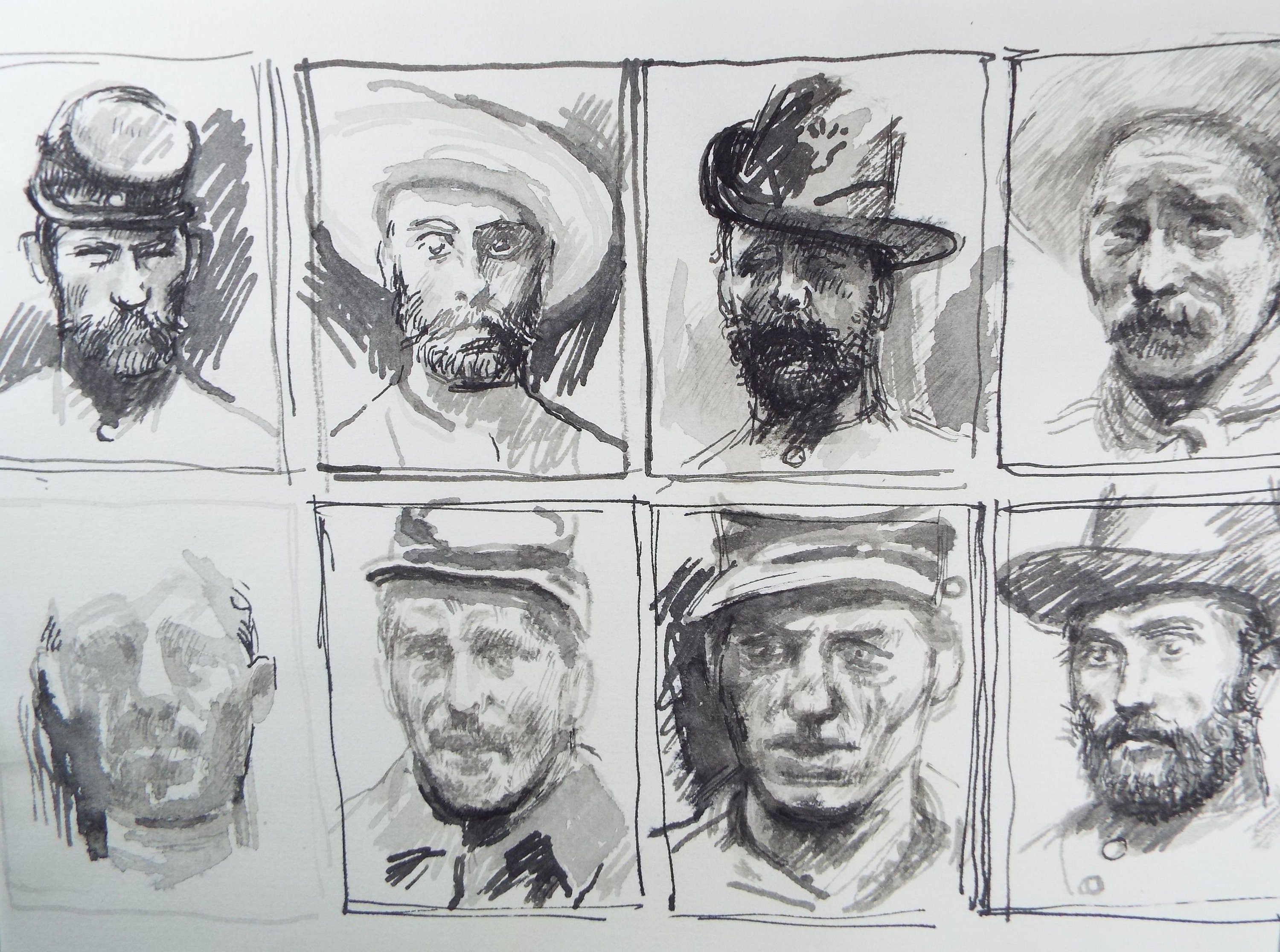 Original Pen and Black Wash Sketch 'Portraits of American Soldiers in Civil war Uniform', c1990s, Michael Stennett (British 1946-2020)