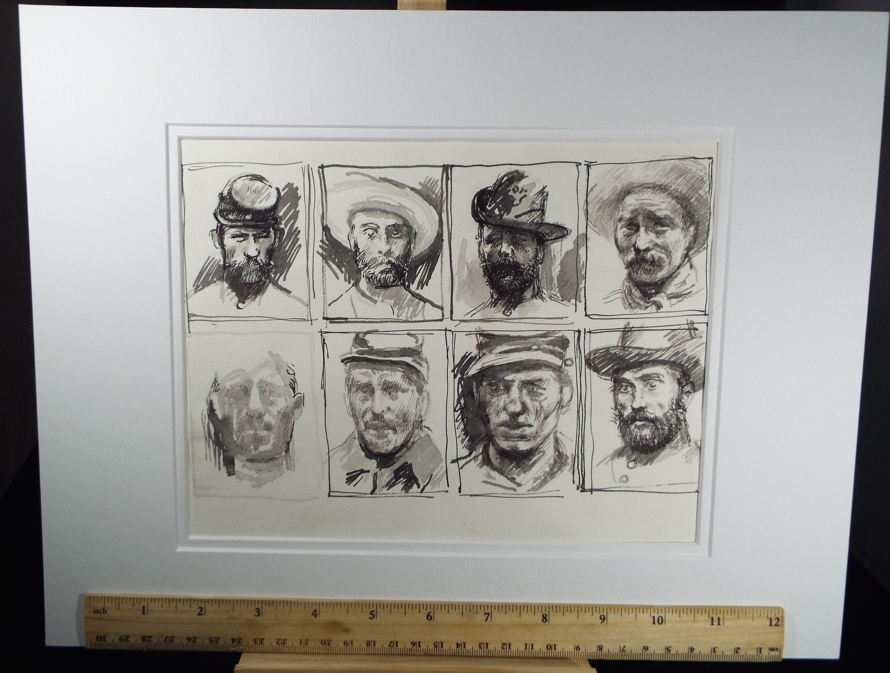 Original Pen and Black Wash Sketch 'Portraits of American Soldiers in Civil war Uniform', c1990s, Michael Stennett (British 1946-2020)