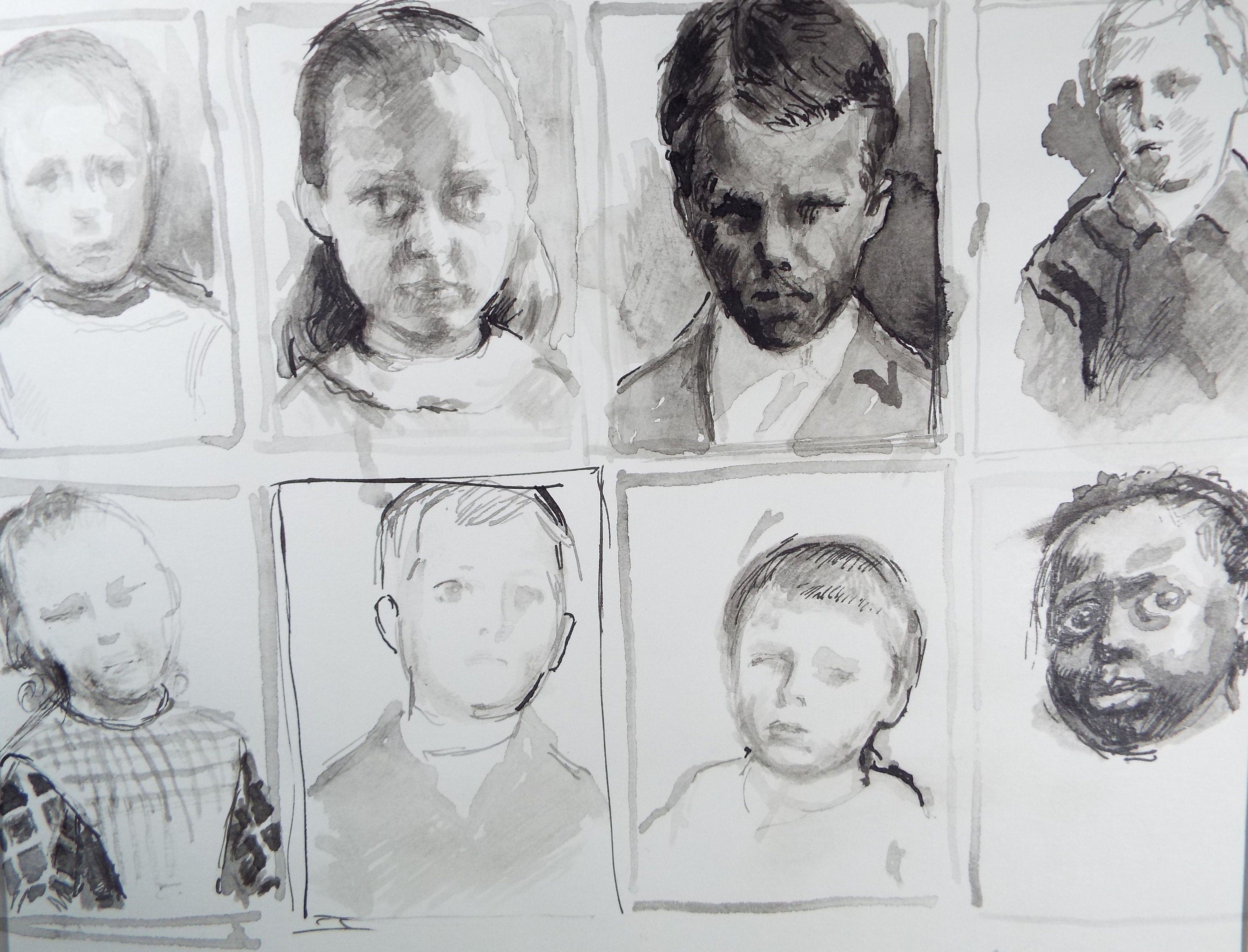 Original Pen and Black Wash Sketch 'Portraits of Boys', c1990s, Michael Stennett (British 1946-2020)