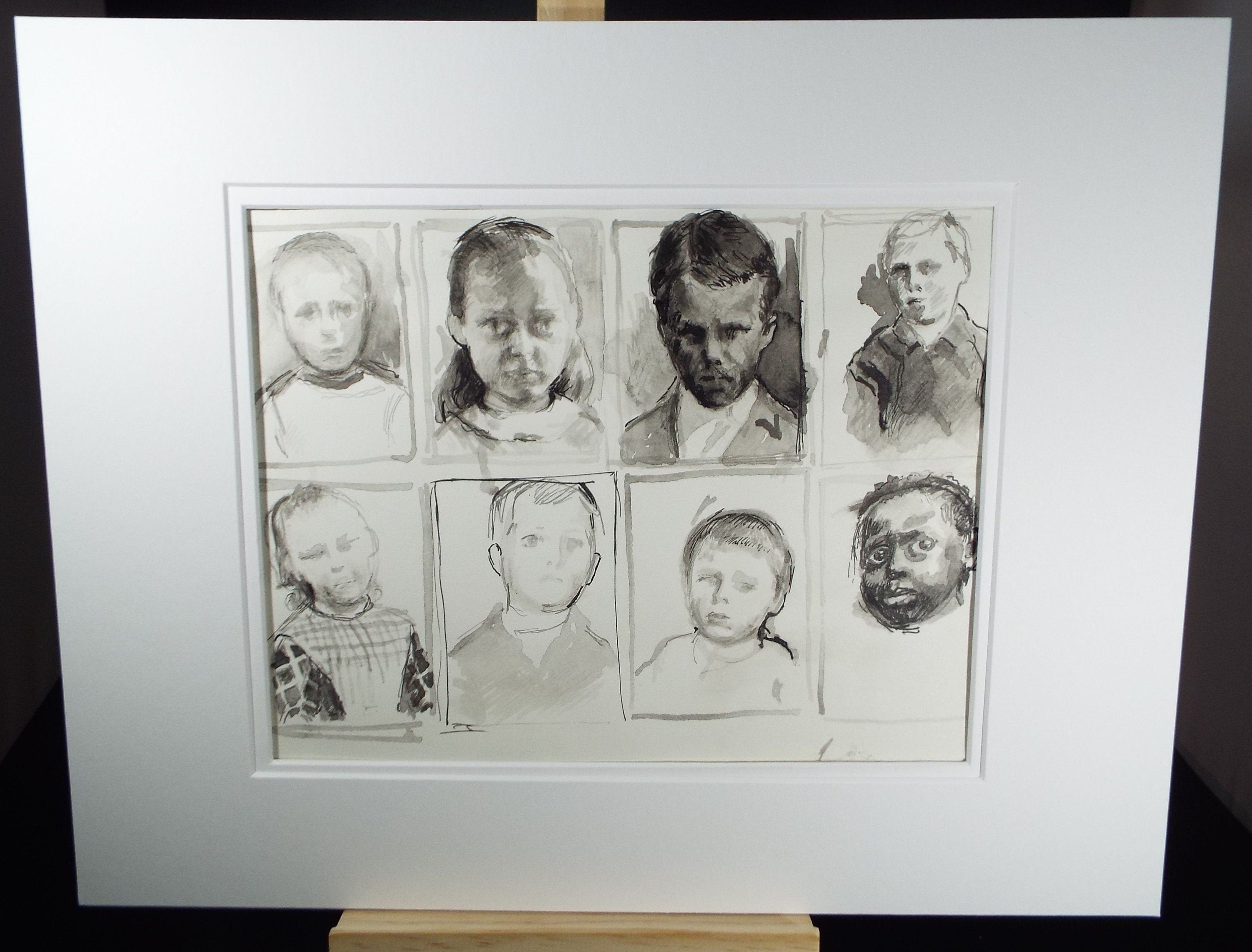 Original Pen and Black Wash Sketch 'Portraits of Boys', c1990s, Michael Stennett (British 1946-2020)