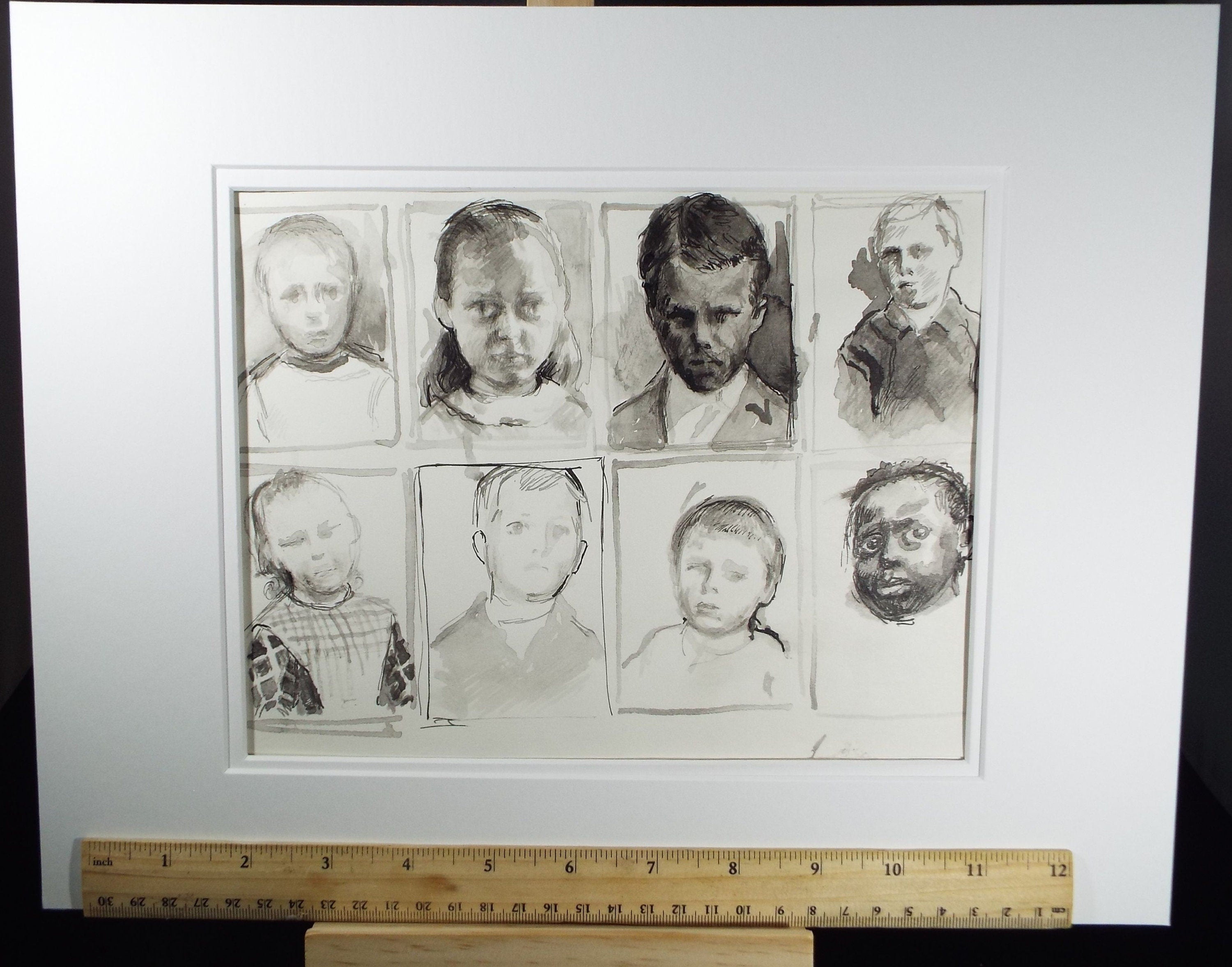Original Pen and Black Wash Sketch 'Portraits of Boys', c1990s, Michael Stennett (British 1946-2020)