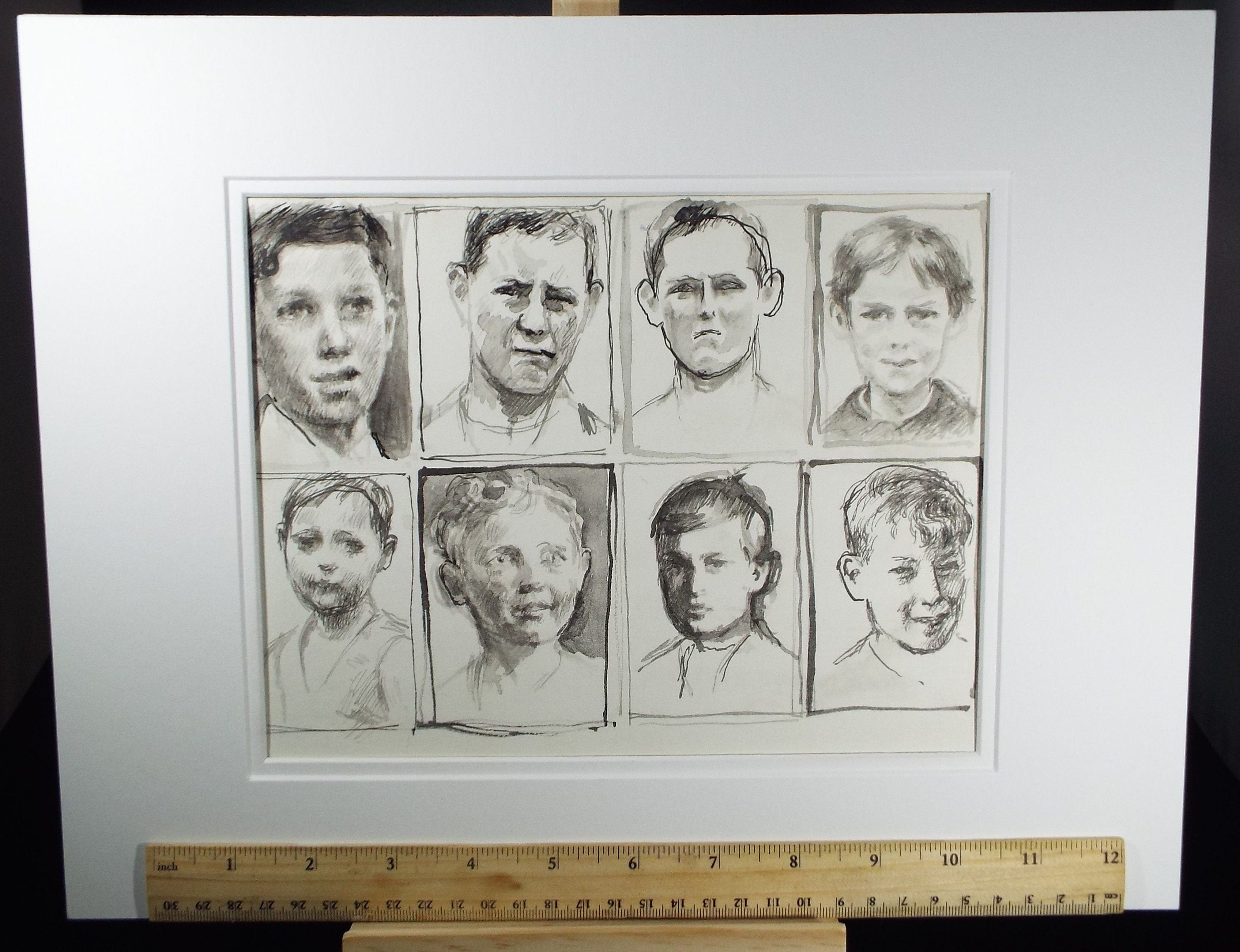Original Pen and Black Wash Sketch 'Portraits of Boys', c1990s, Michael Stennett (British 1946-2020)
