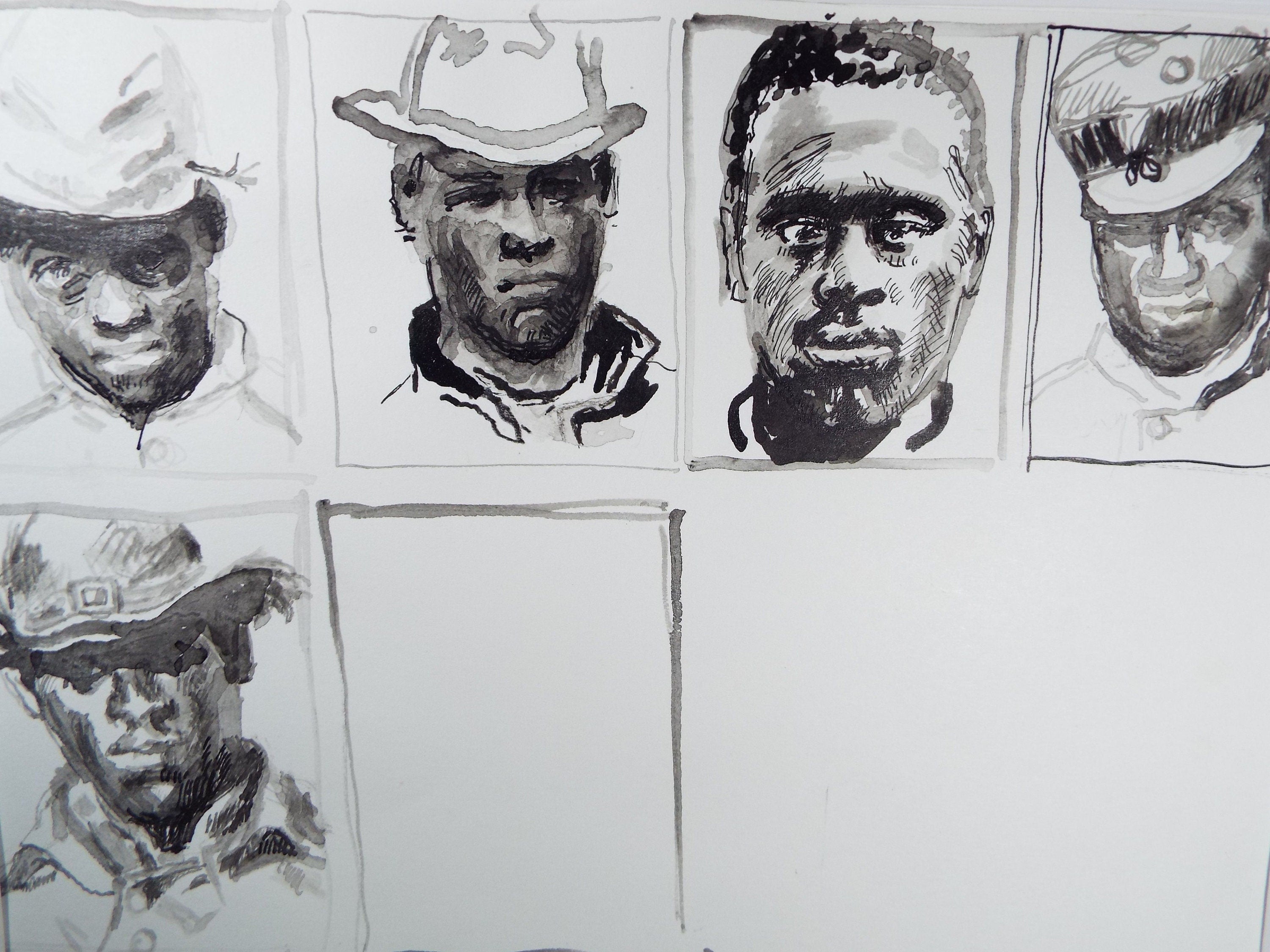 Original Pen and Black Wash Sketch 'Portraits of American Soldiers in Civil war Uniform', c1990s, Michael Stennett (British 1946-2020)
