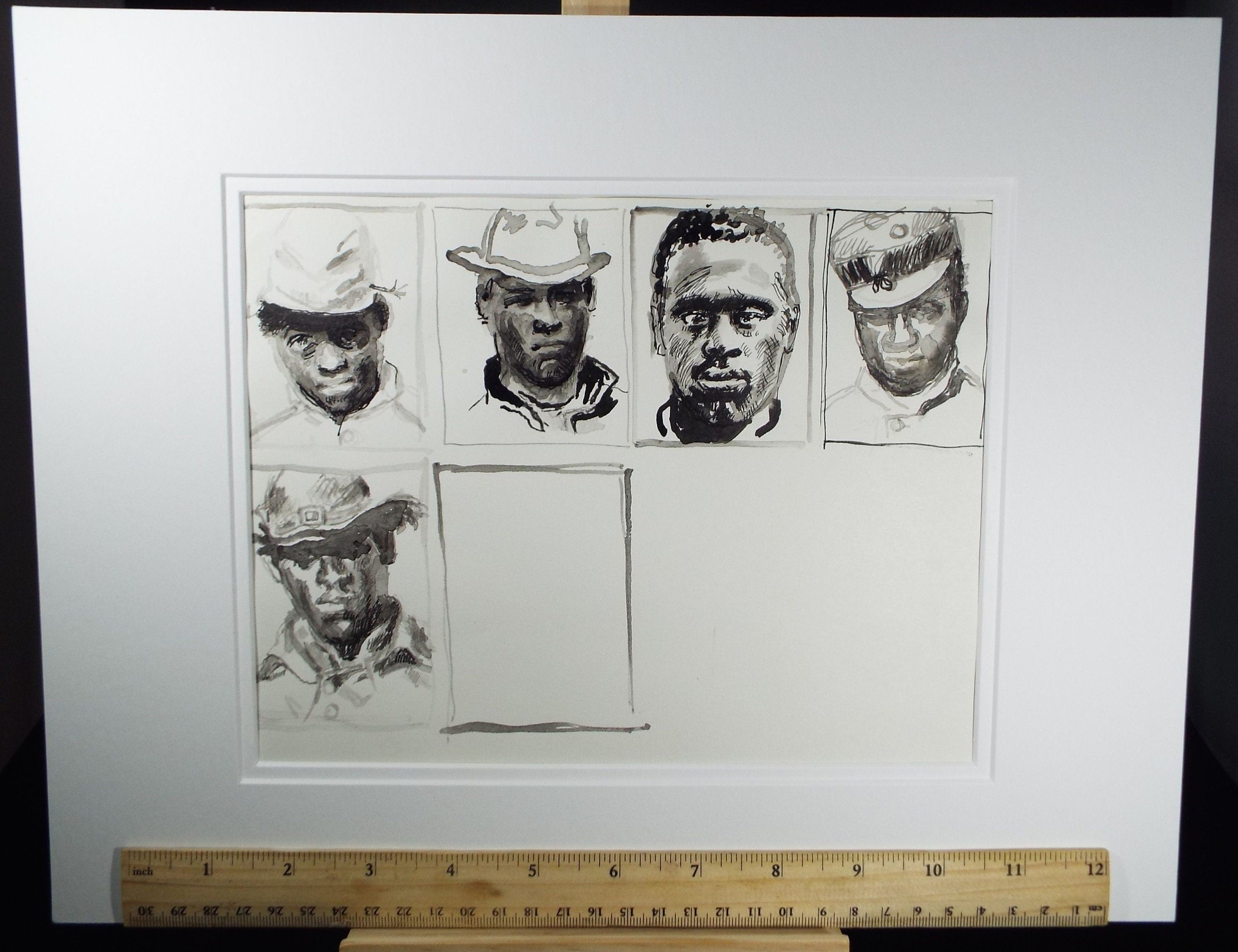 Original Pen and Black Wash Sketch 'Portraits of American Soldiers in Civil war Uniform', c1990s, Michael Stennett (British 1946-2020)