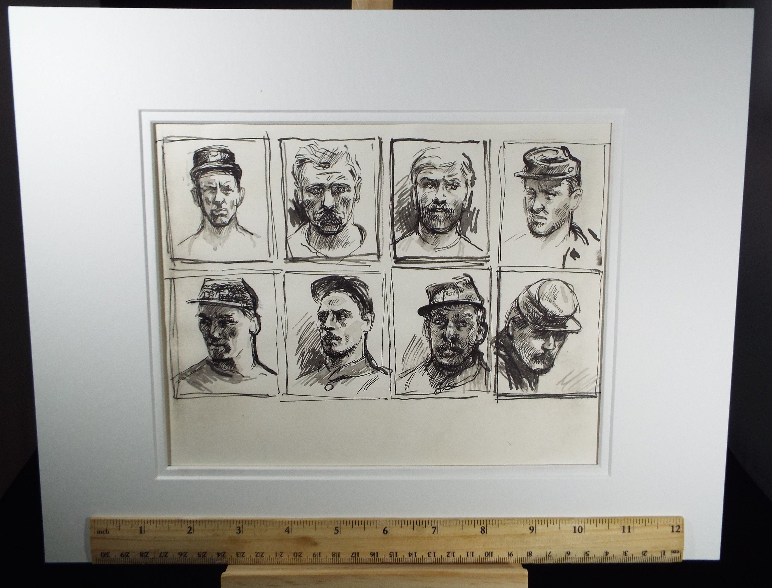 Original Pen and Black Wash Sketch 'Portraits of American Soldiers in Civil war Uniform', c1990s, Michael Stennett (British 1946-2020)