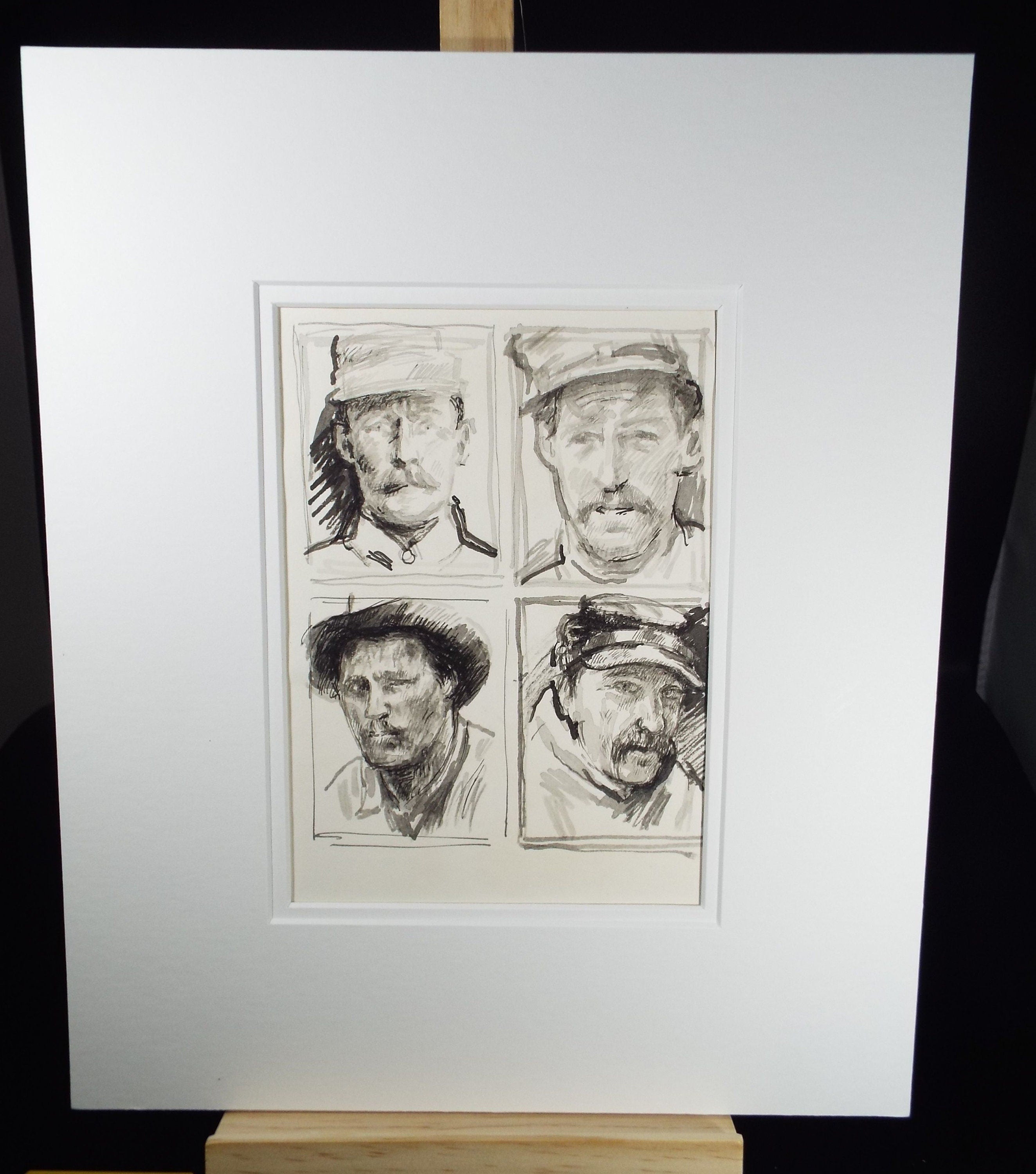 Original Pen and Black Wash Sketch 'Portraits of American Soldiers in Civil war Uniform', c1990s, Michael Stennett (British 1946-2020)