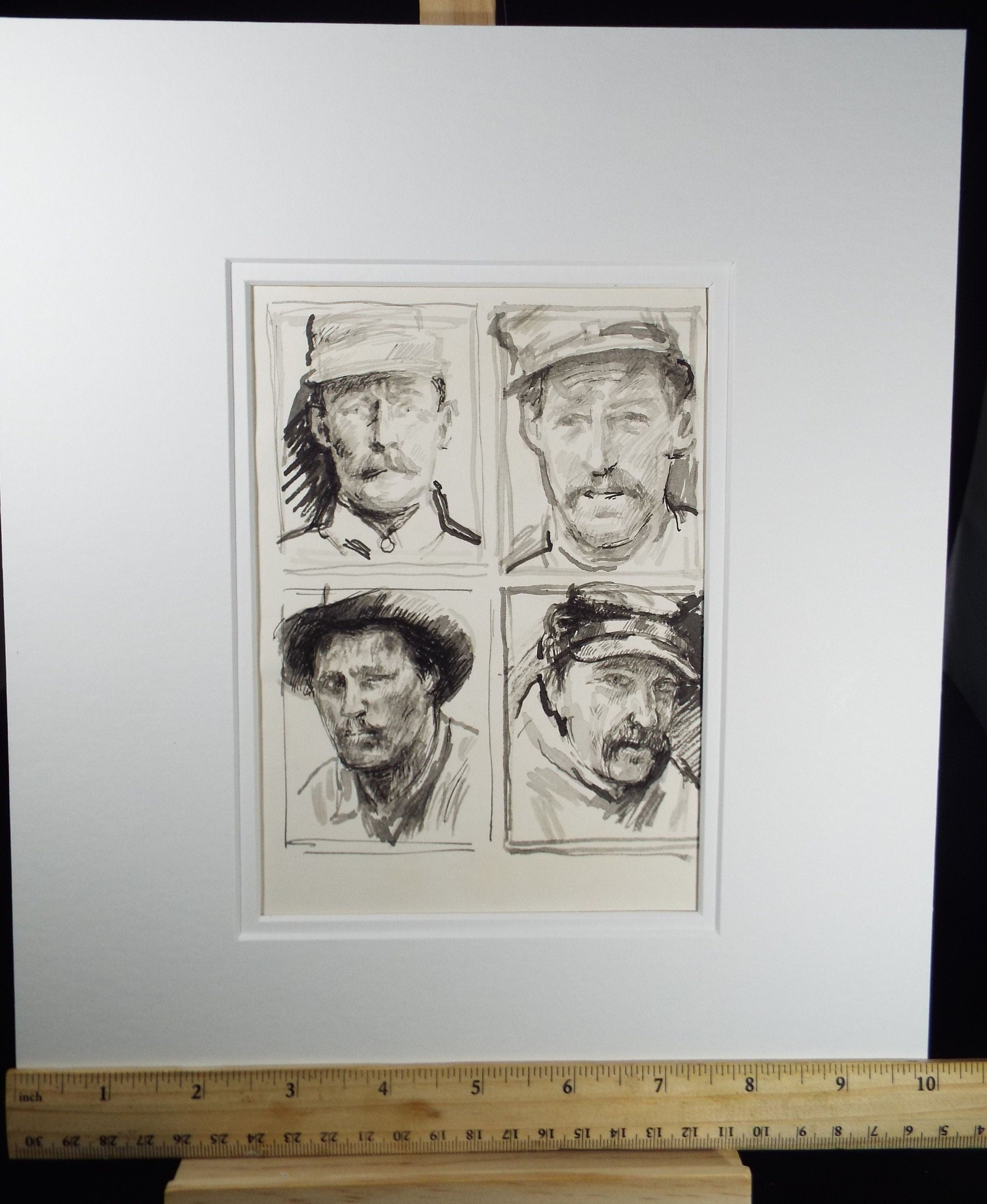 Original Pen and Black Wash Sketch 'Portraits of American Soldiers in Civil war Uniform', c1990s, Michael Stennett (British 1946-2020)